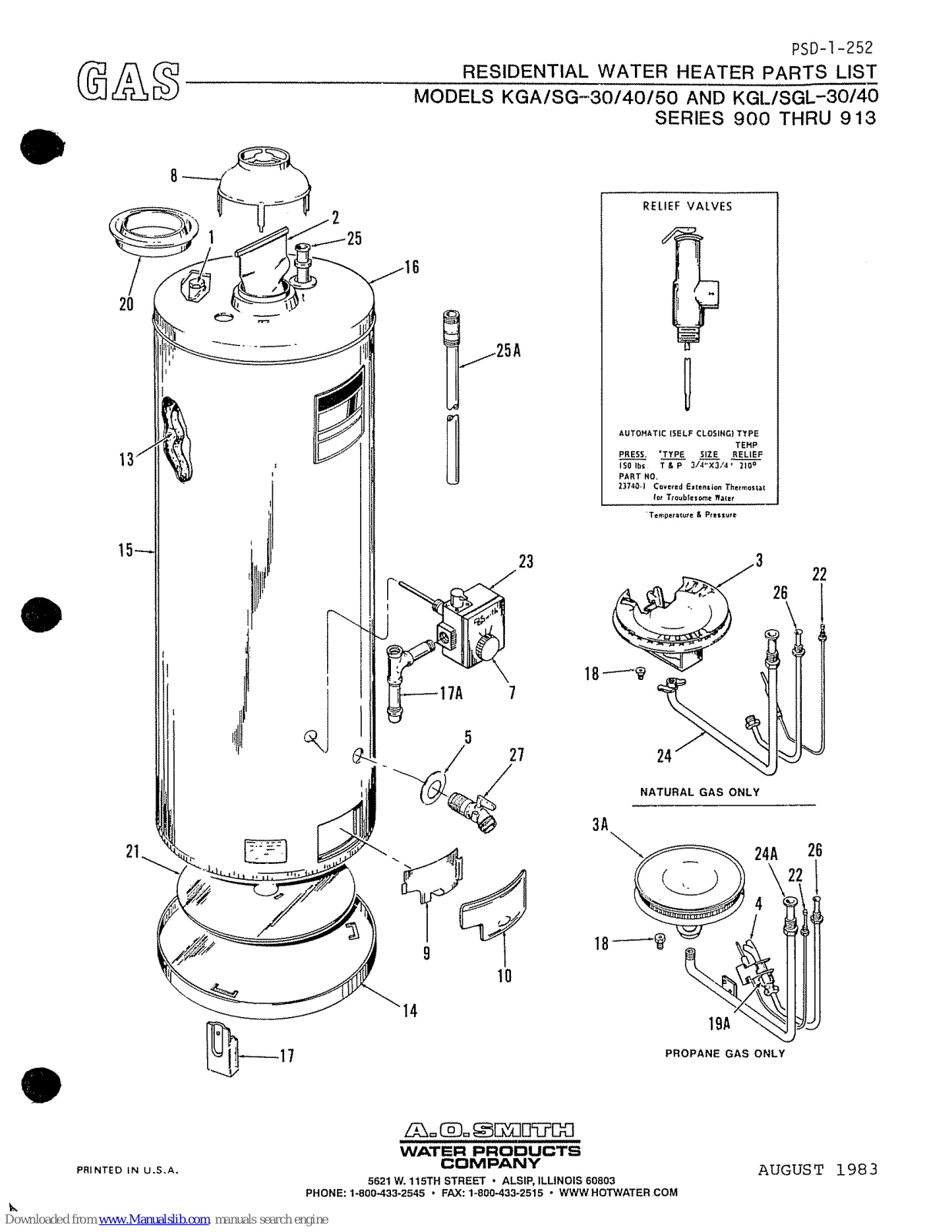 A.O. Smith KGA-30, SG-30, KGA-40, SG-40, SG-50 Parts List