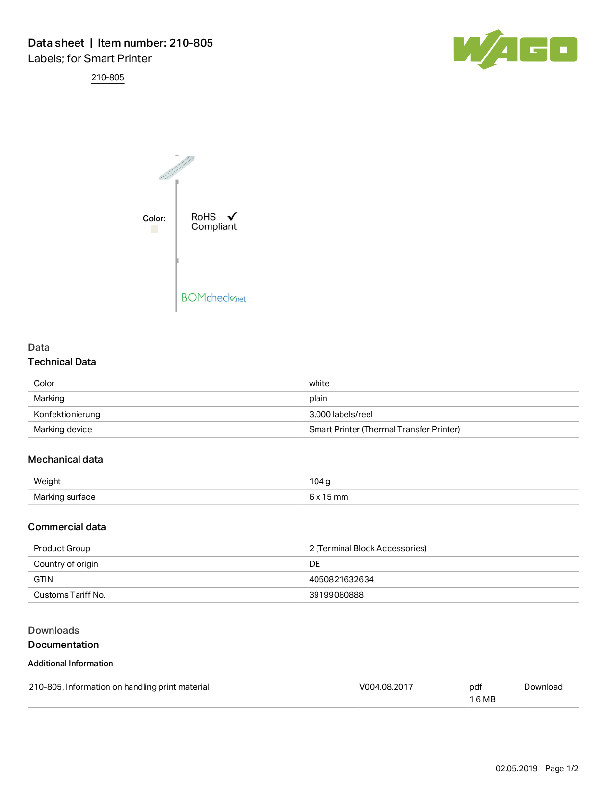 Wago 210-805 Data Sheet