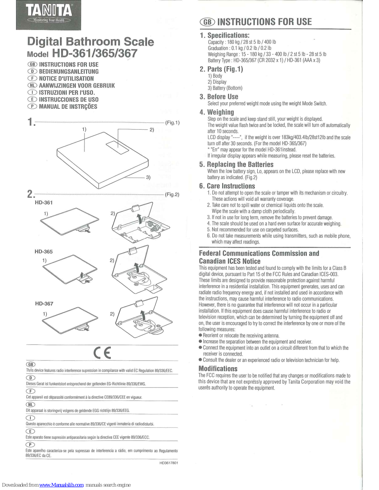 Tanita HD-361, HD-367, HD-365 Instructions For Use Manual