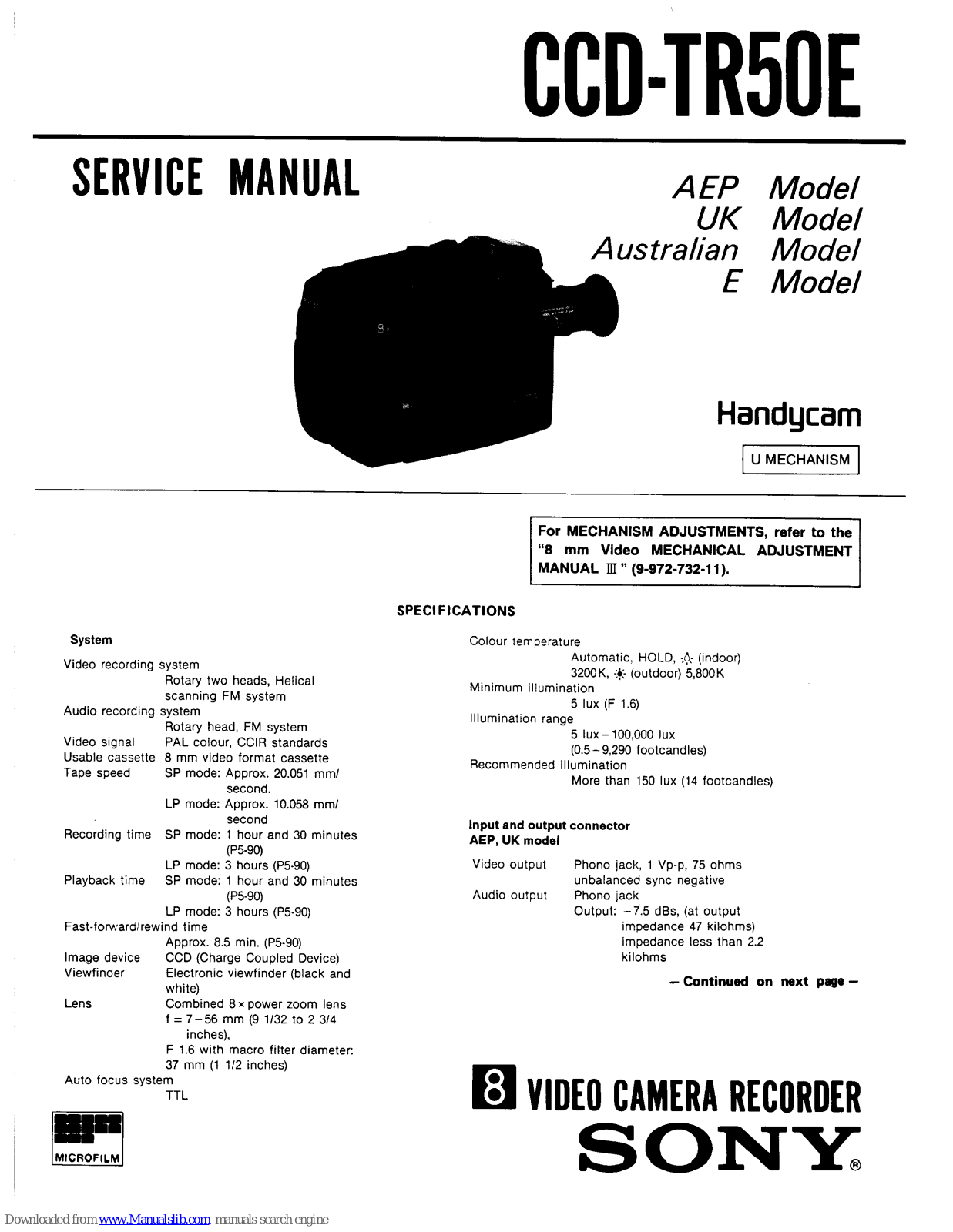 Sony CCD-TR50E Service Manual