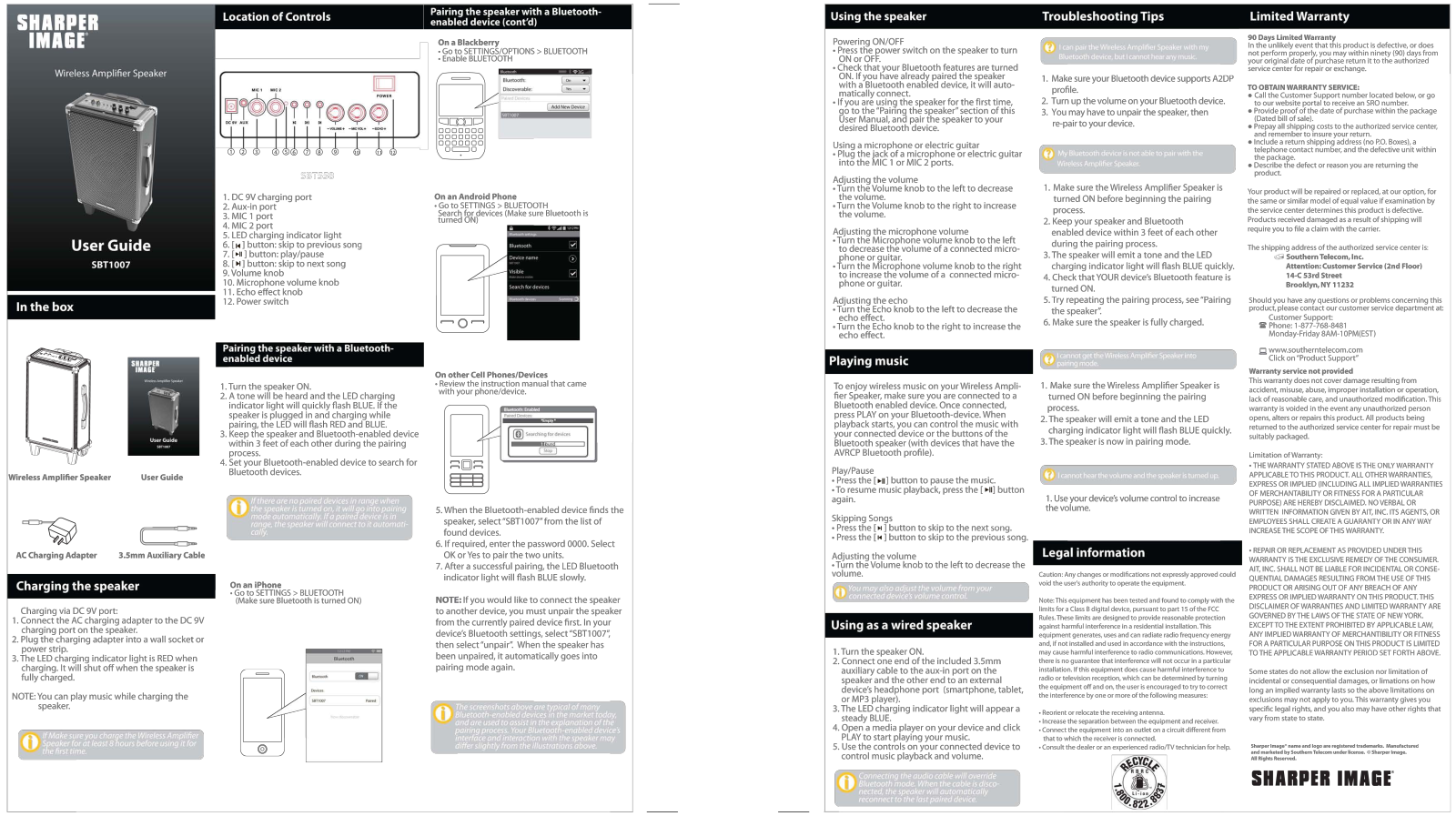 Sharper image SBT1007 User Manual