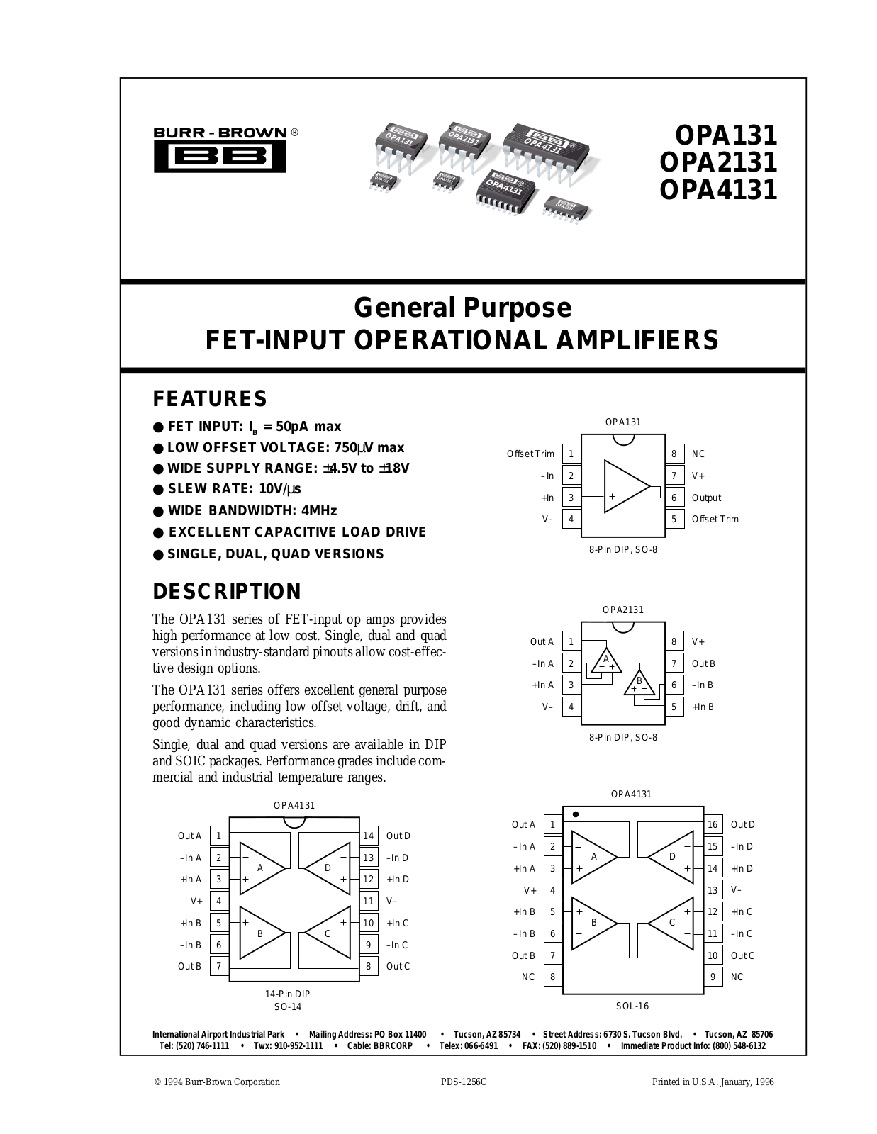 Burr Brown OPA131PA, OPA131U-2K5, OPA131UA, OPA4131PA, OPA4131PJ Datasheet