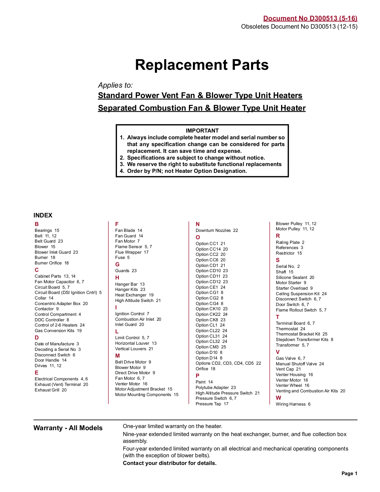 Reznor UDAP-125 Parts List