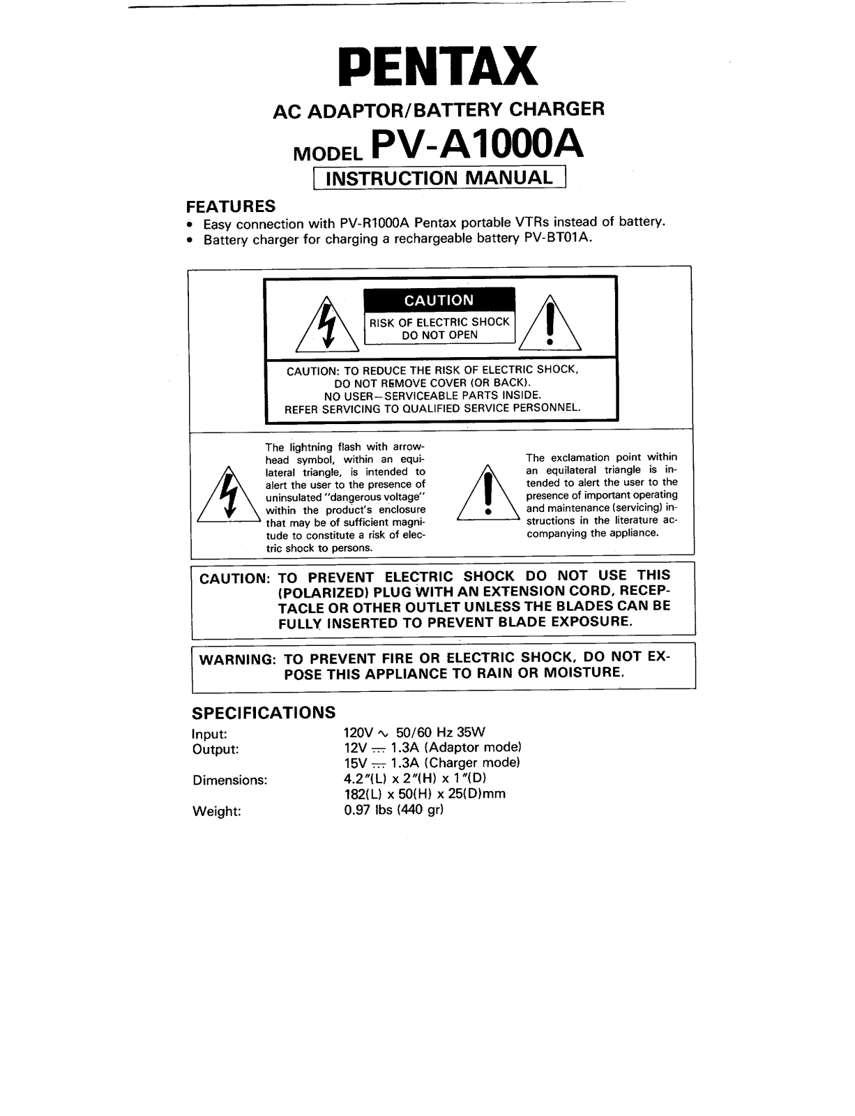 Pentax PV-A1000A Instruction Manual