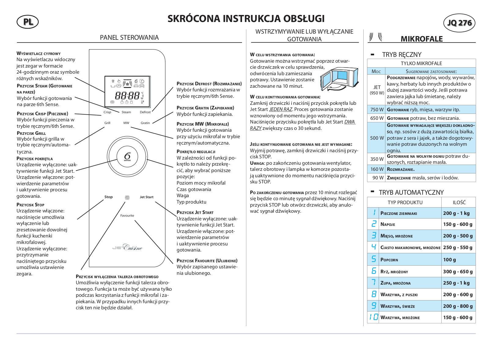 Whirlpool JQ 276 WH, JQ 276 SL, JQ 276 BL Quick reference guide