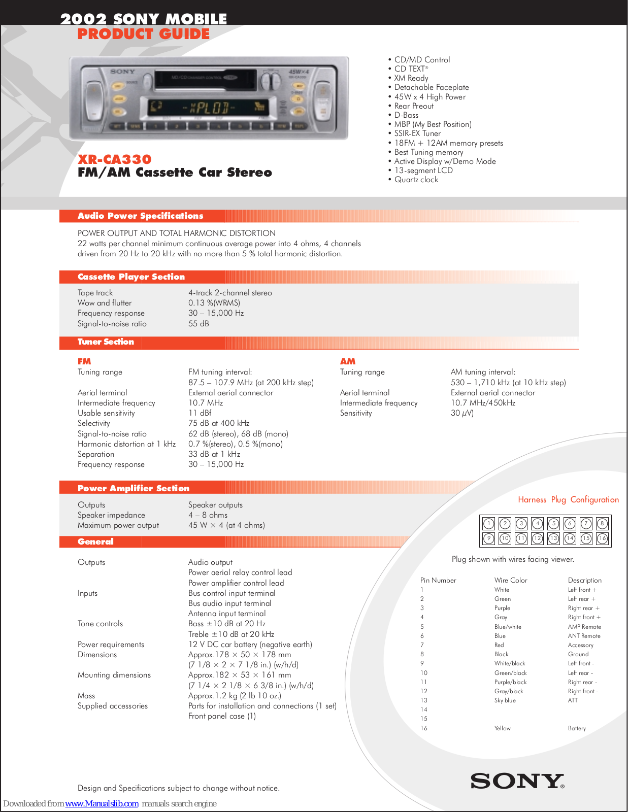 Sony XR-CA330 Marketing Specifications