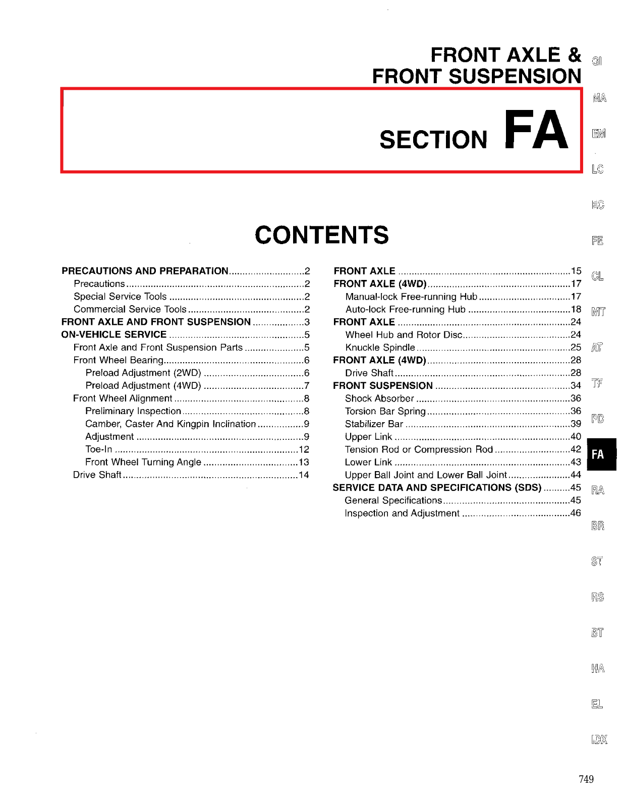 Nissan D21 Front Axle  FA 1996 Owner's Manual