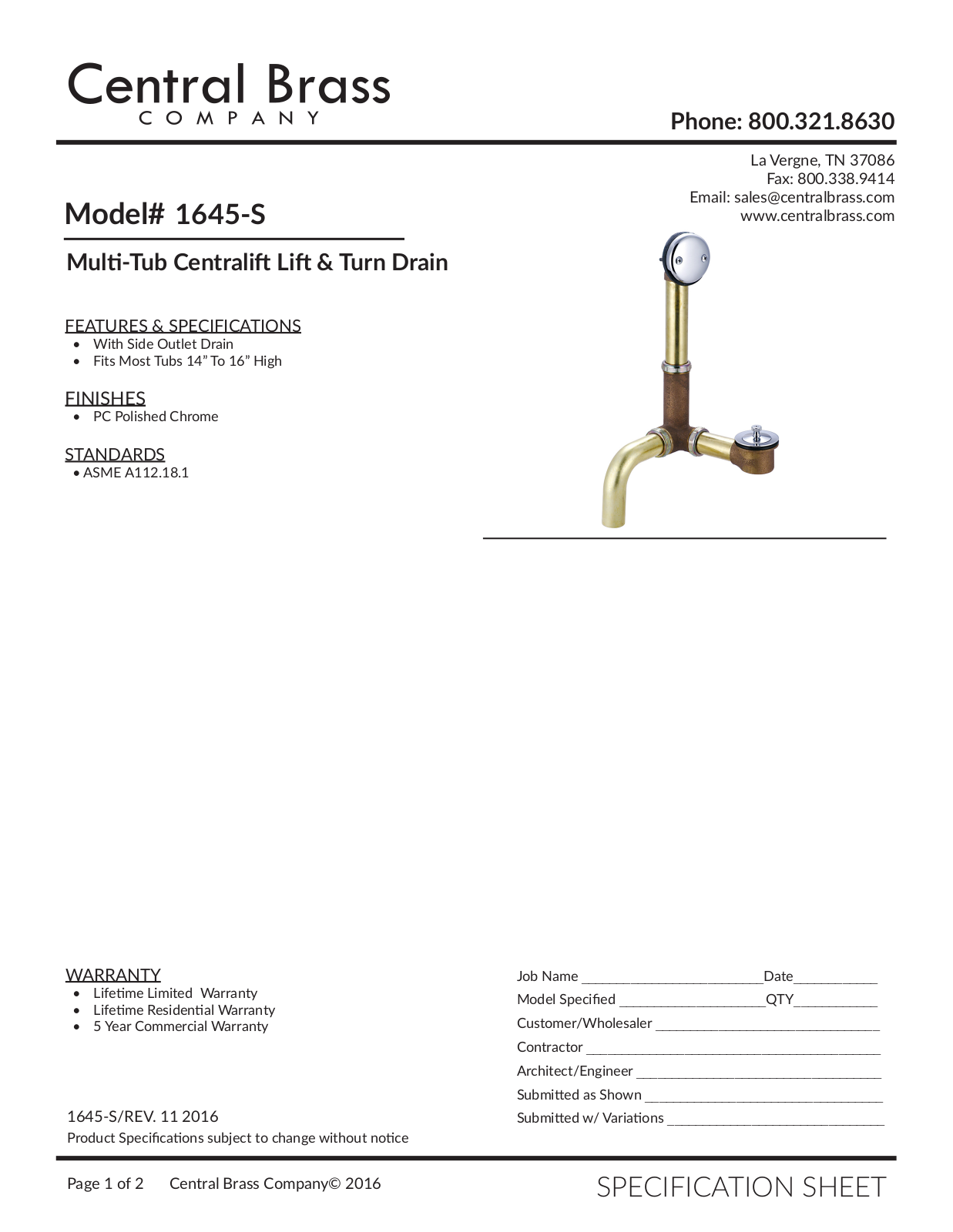 Central Brass CTB1636 Specifications - ManualMachine.com