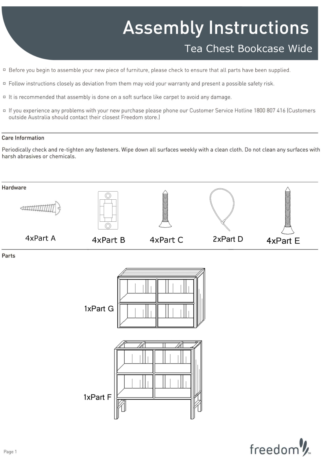 Freedom Tea Chest Bookcase Wide Assembly Instruction