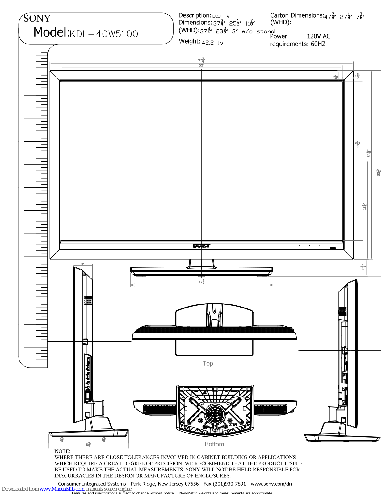 Sony BRAVIA KDL-40W5100 Dimensions