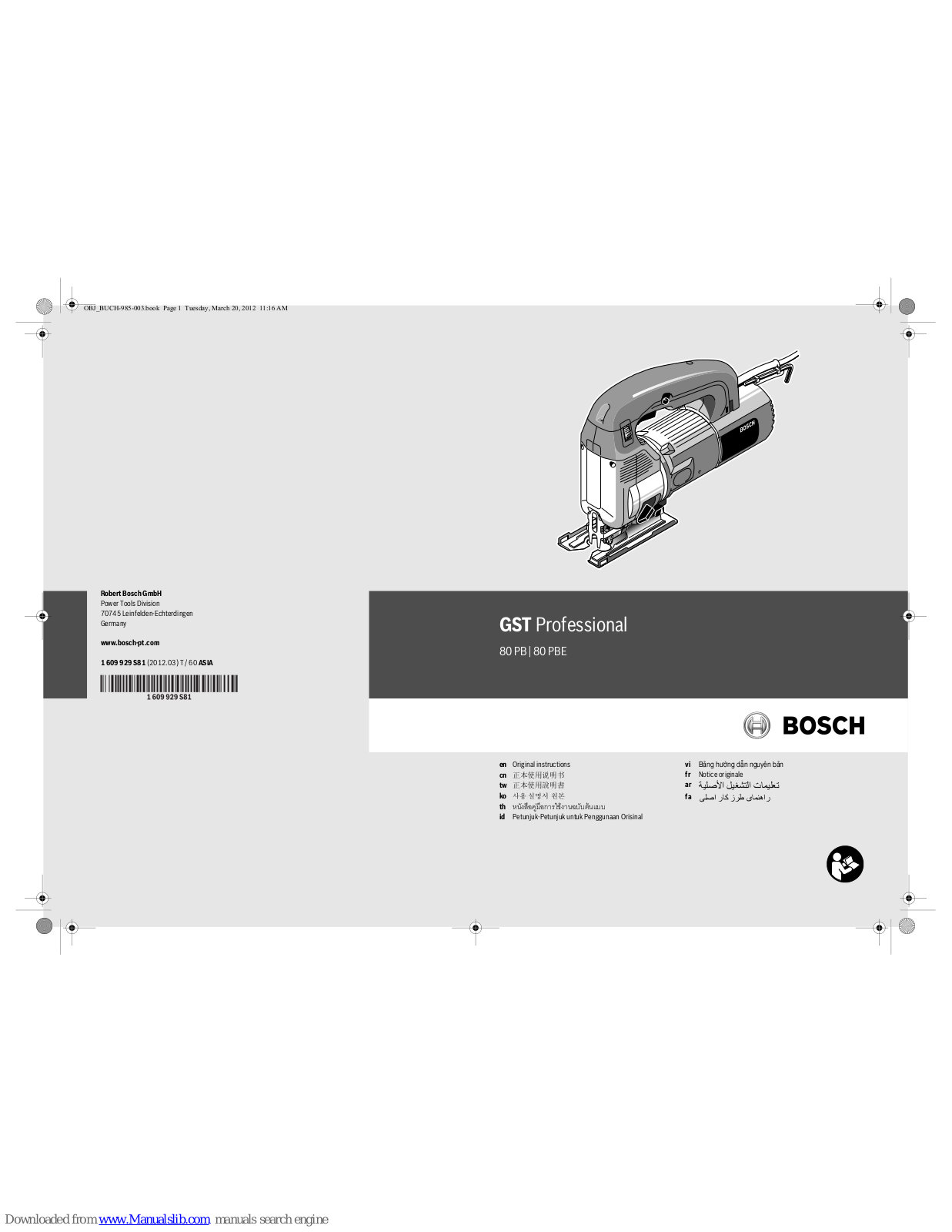 Bosch GST 80 PB Professional, GST 80 PBE Professional Original Instructions Manual