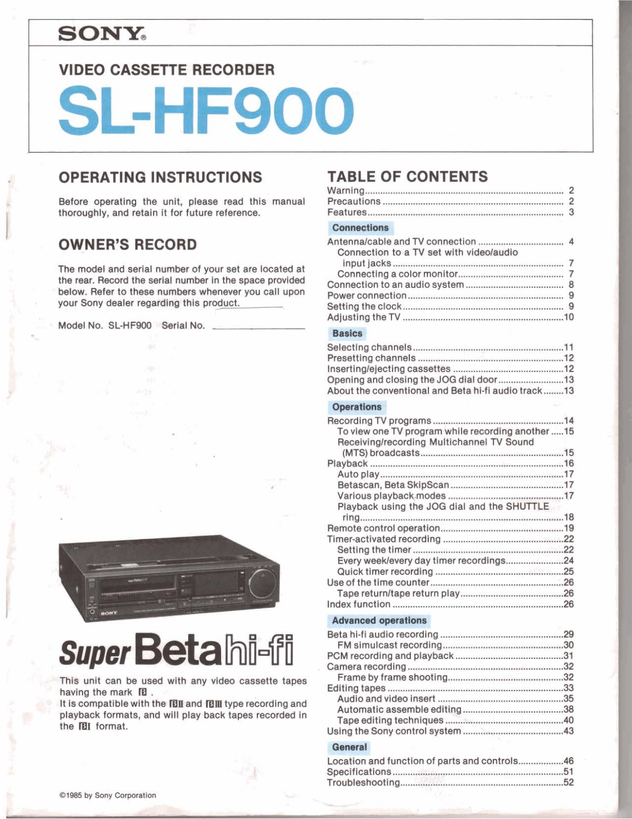 Sony slhf900 Owners Manual