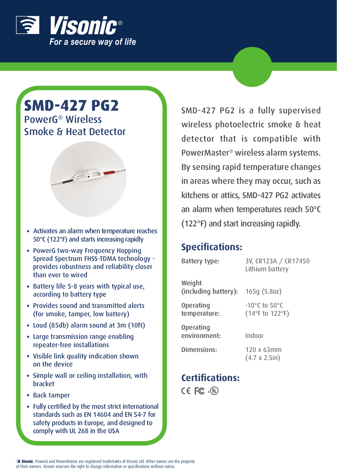 Visonic SMD-427 PG2 Specsheet