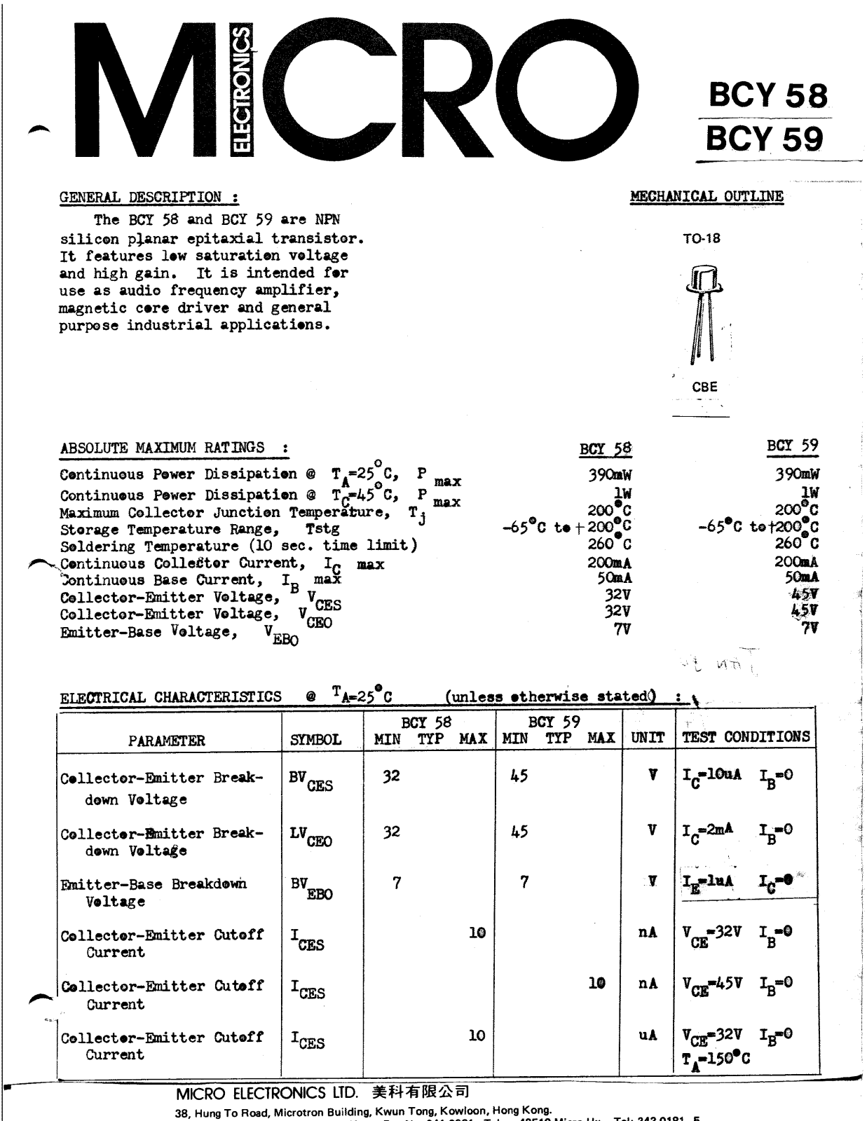 ME BCY59, BCY58 Datasheet