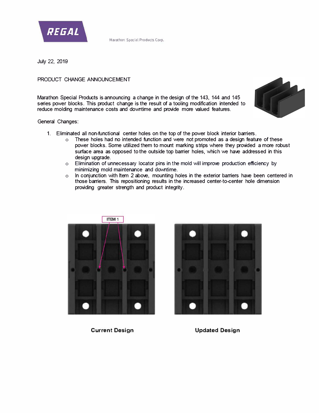 Marathon Special Products 143 Series Power Blocks, 144 Series Power Blocks, 145 Series Power Blocks Product Update Bulletin