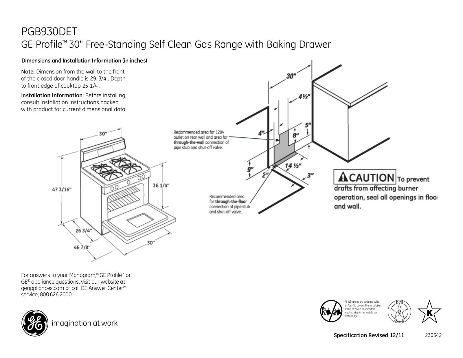 GE PGB930DET Specification