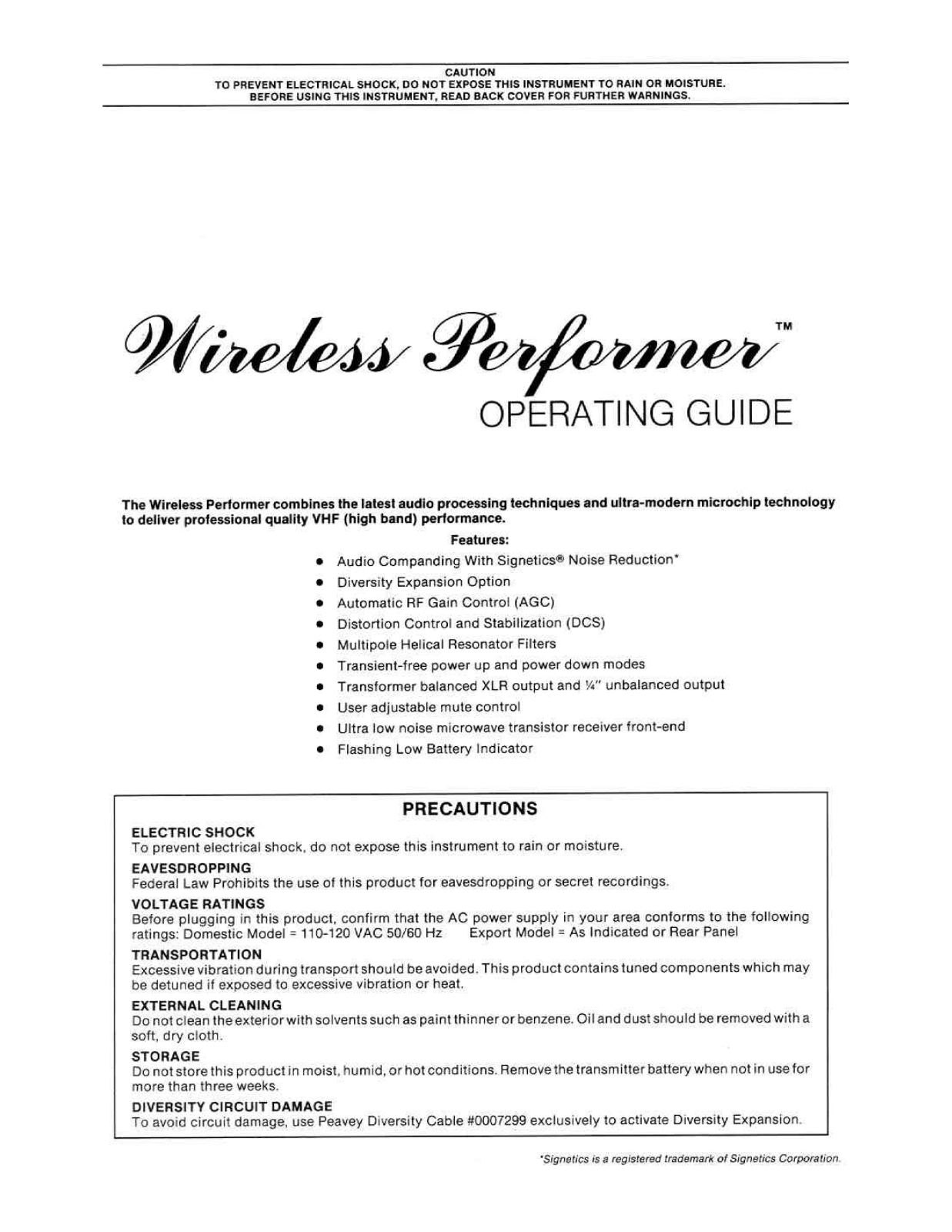 Peavey Wireless Performer User Manual