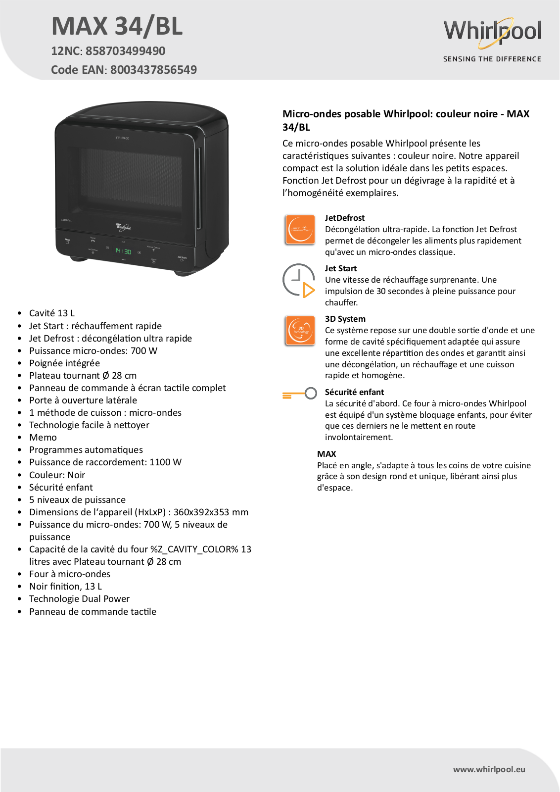 Whirlpool MAX 34/BL Product information