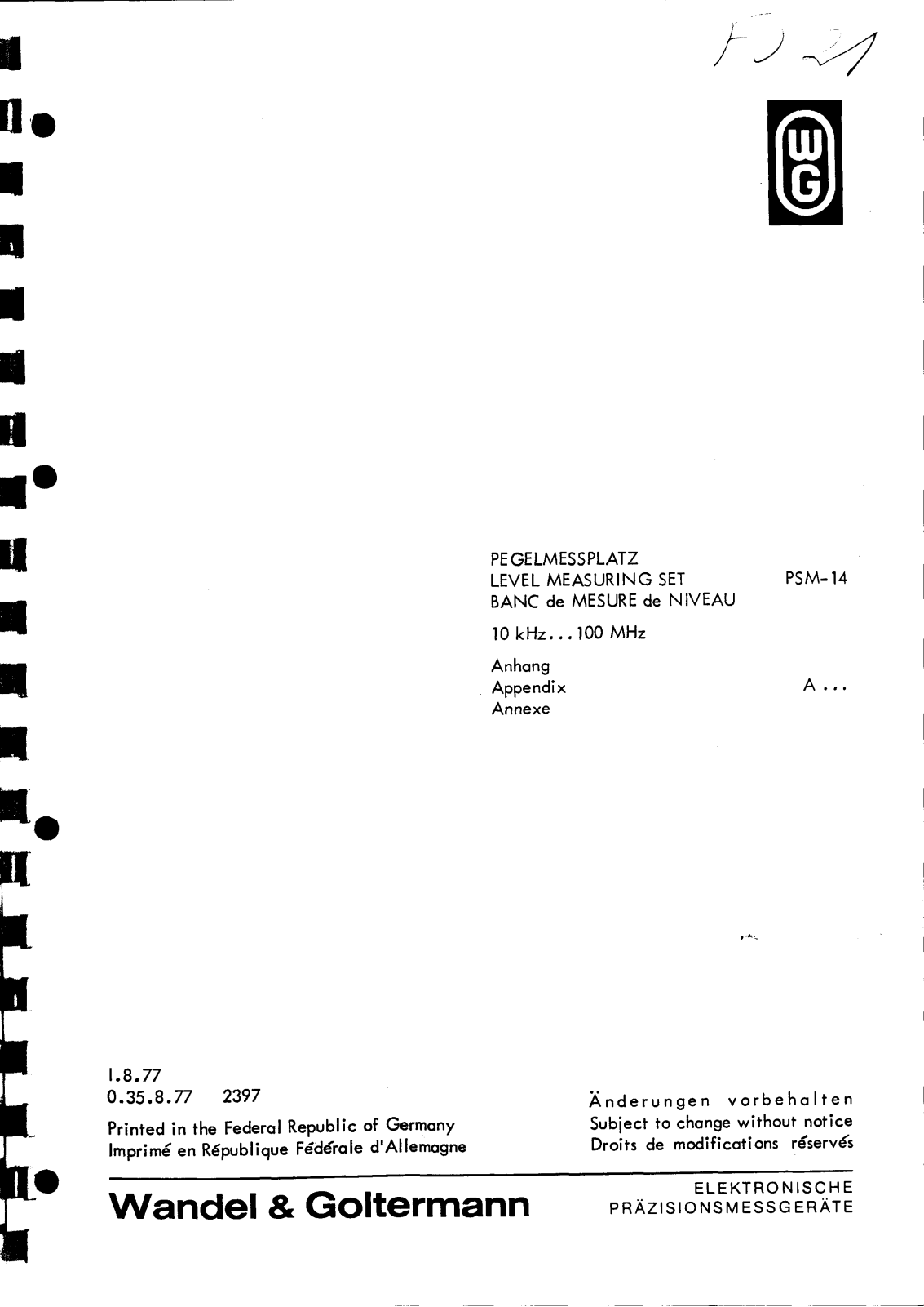 Wandel & Goltermann PSM-14 Service Manual