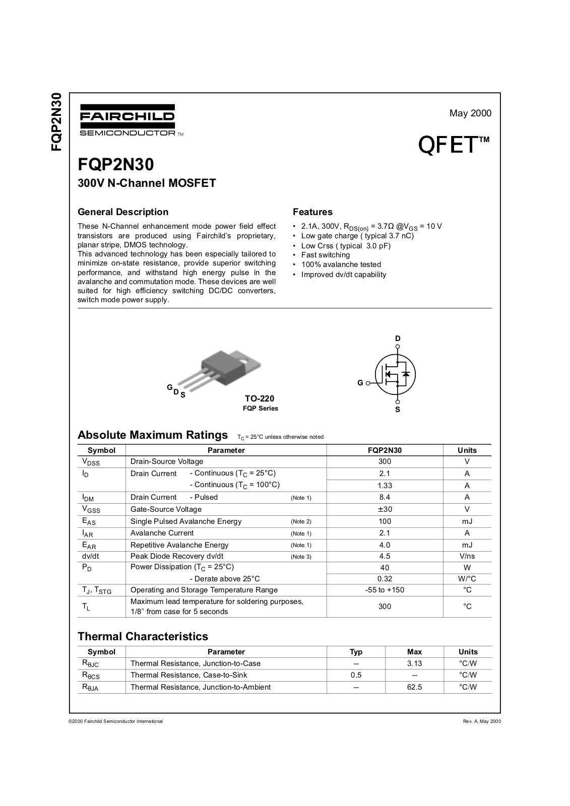 Fairchild Semiconductor FQP2N30 Datasheet