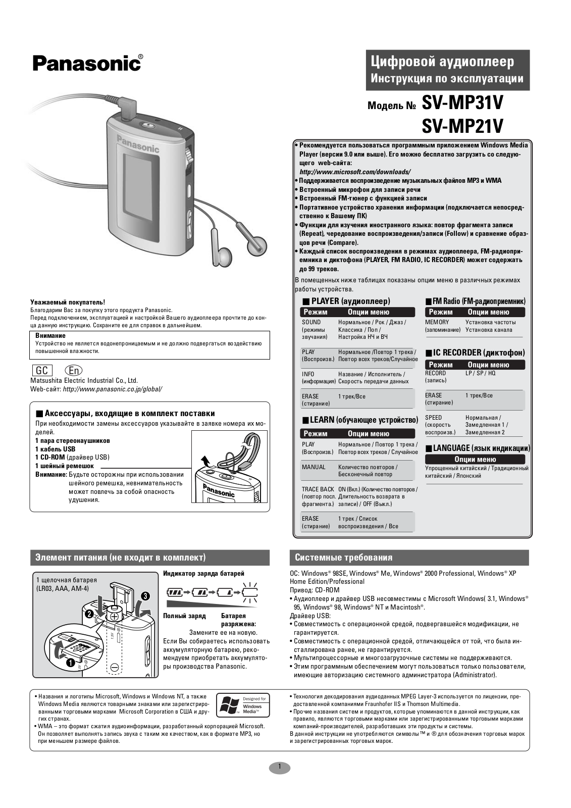 PANASONIC SV-MP31V User Manual