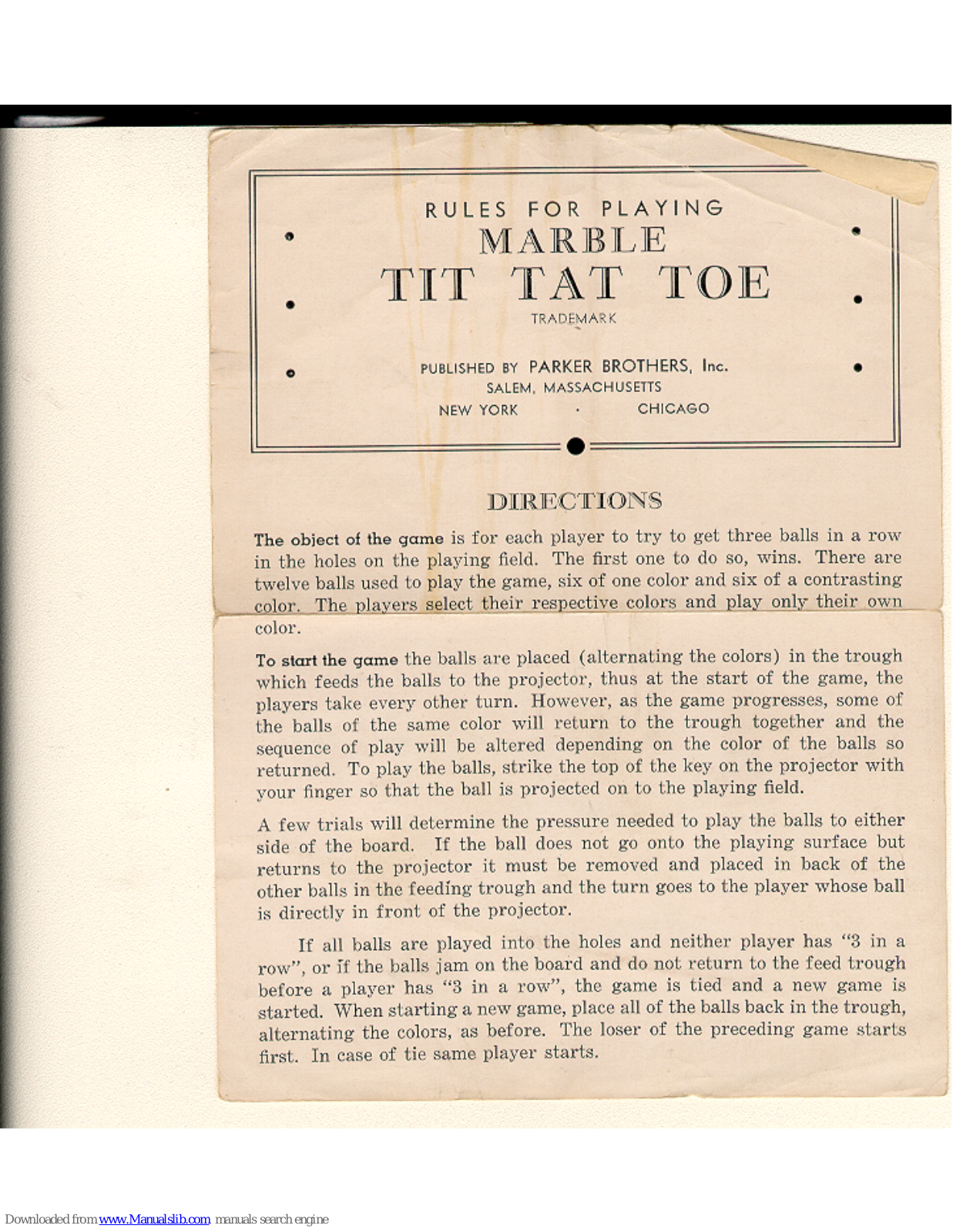 Parker Brothers Marble Tic Tat Toe Instruction Manual