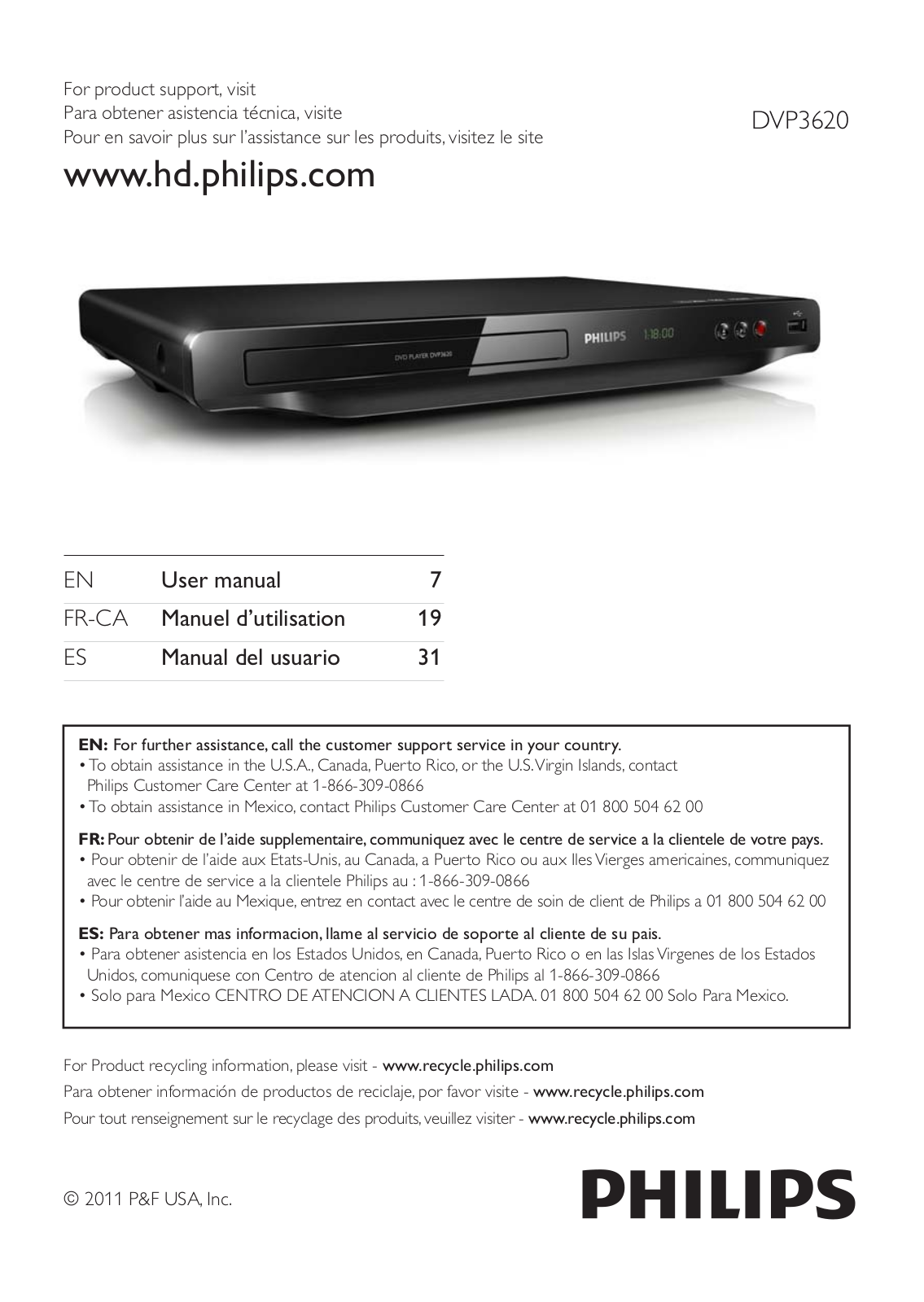 PHILIPS DVP3620 User Manual