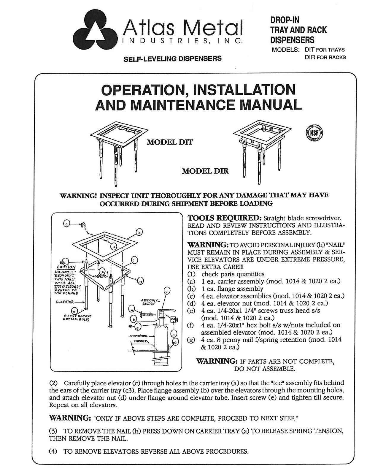 Atlas Metal DIR-18j, DIR-2-1020, DIR-2020 Installation  Manual