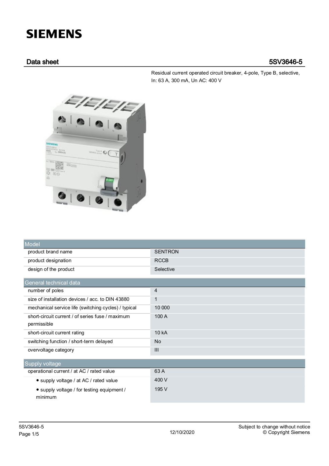 Siemens 5SV3646-5 data sheet