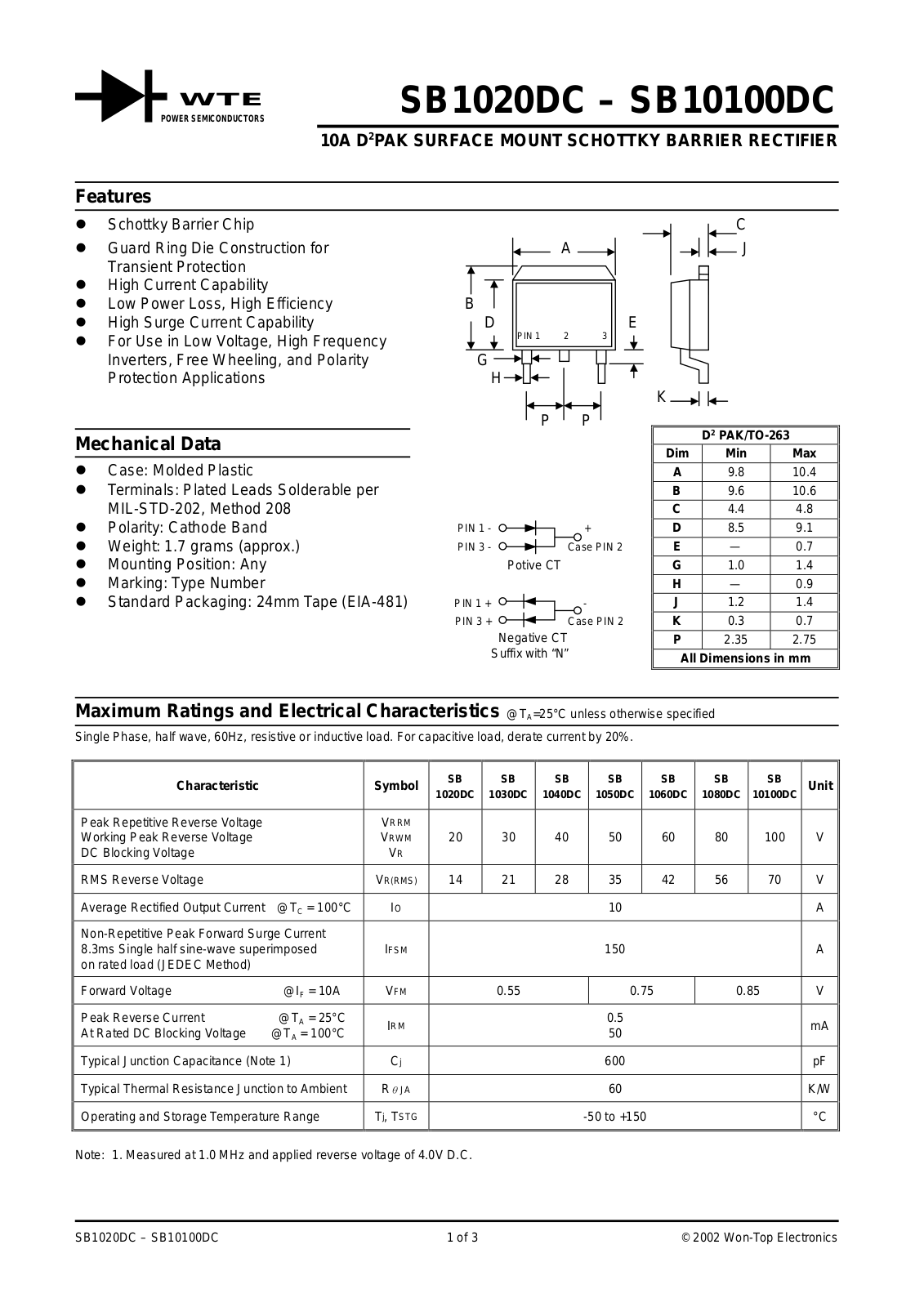 WTE SB1030DC-T3, SB1020DC-T3, SB10100DC-T3, SB1040DC-T3, SB1080DC-T3 Datasheet