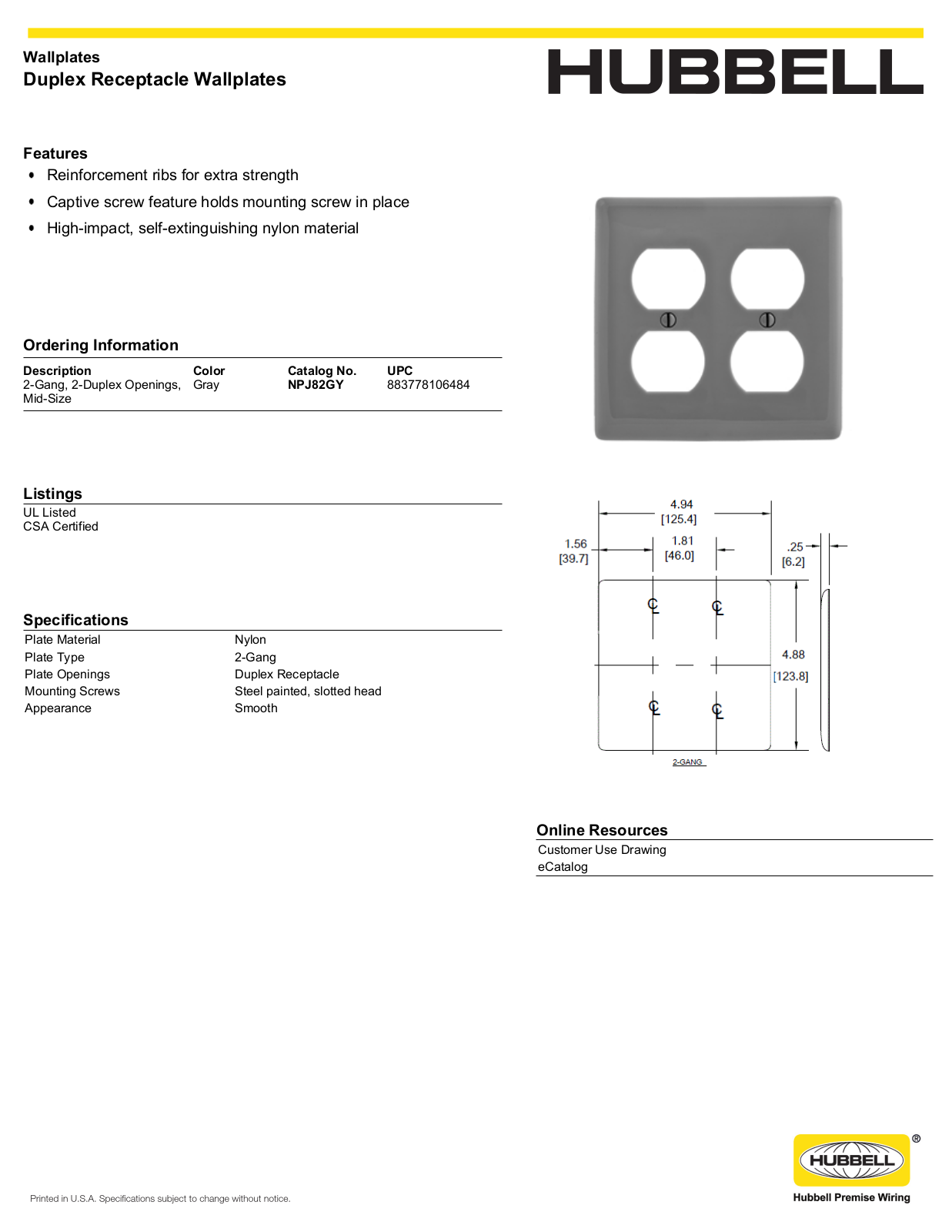 Hubbell NPJ82GY Specifications