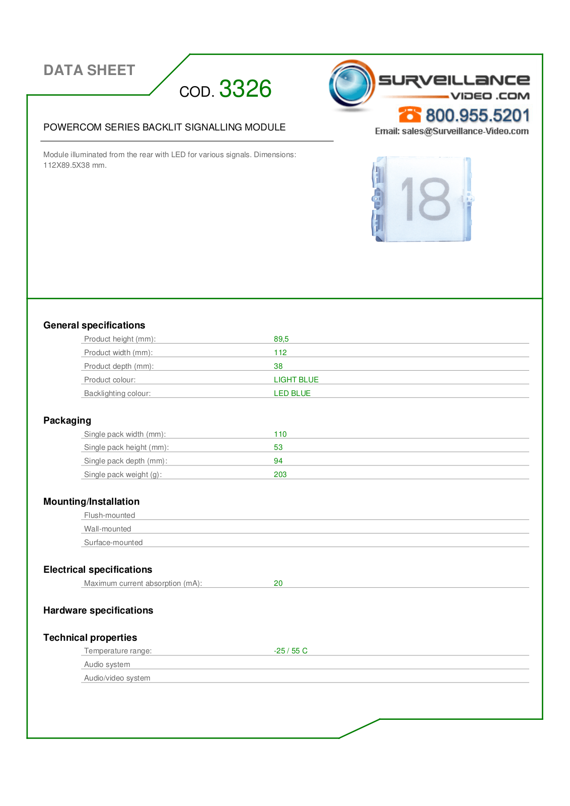 Comelit 3326 Specsheet