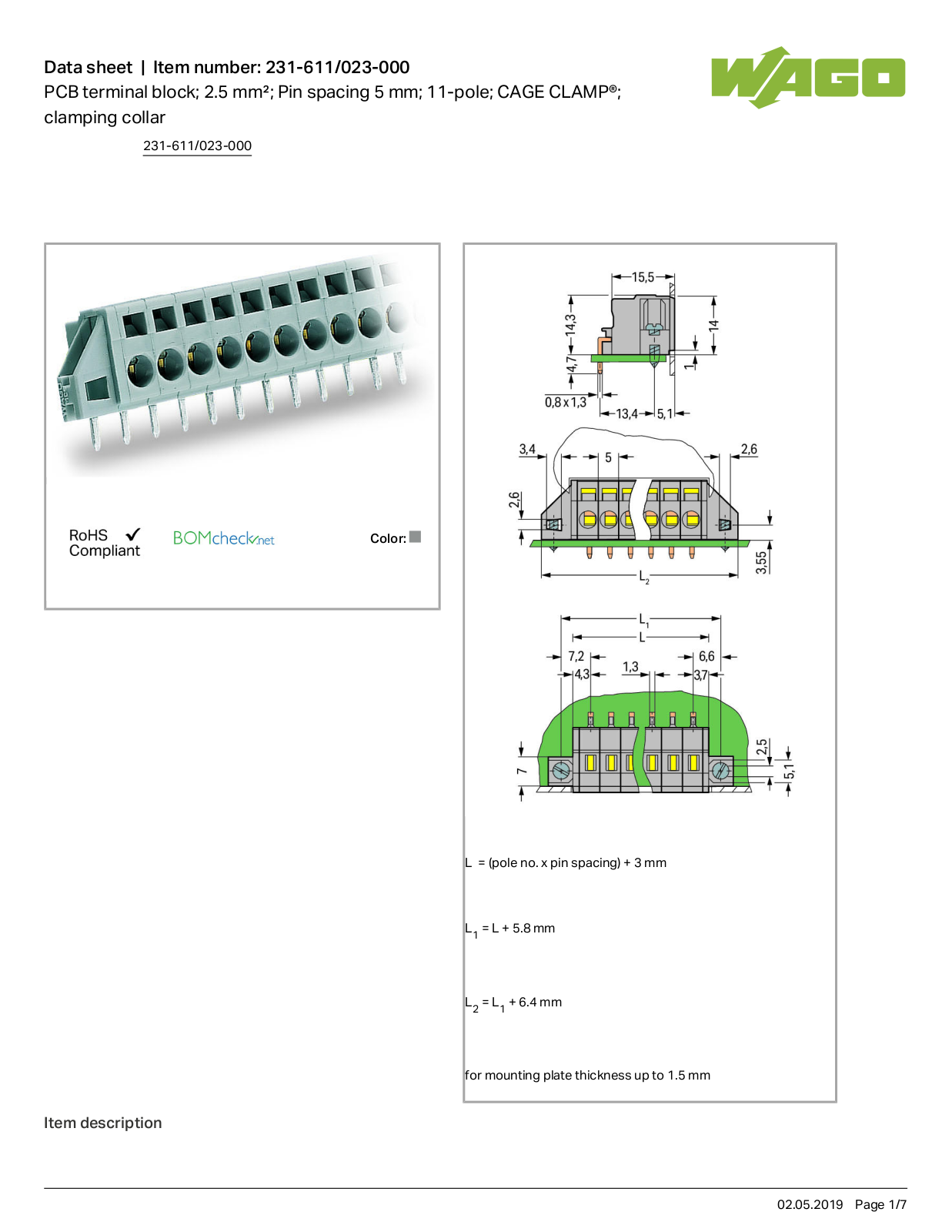 Wago 231-611/023-000 Data Sheet