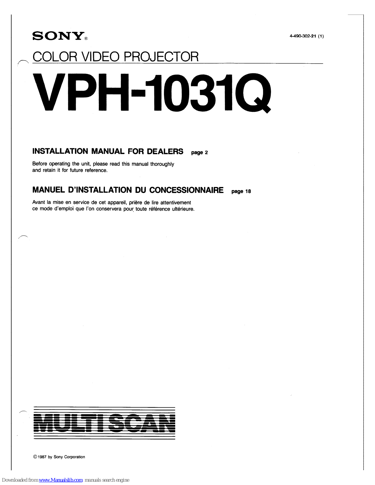 Sony VPH-1031Q Installation Manual