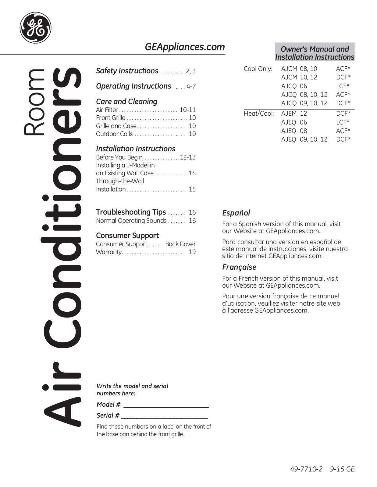 GE AJCQ12DCFW1, AJCQ12ACFW1, AJCQ10DCFL1, AJCQ10ACFH1, AJCQ08ACFQ1 Owner’s Manual