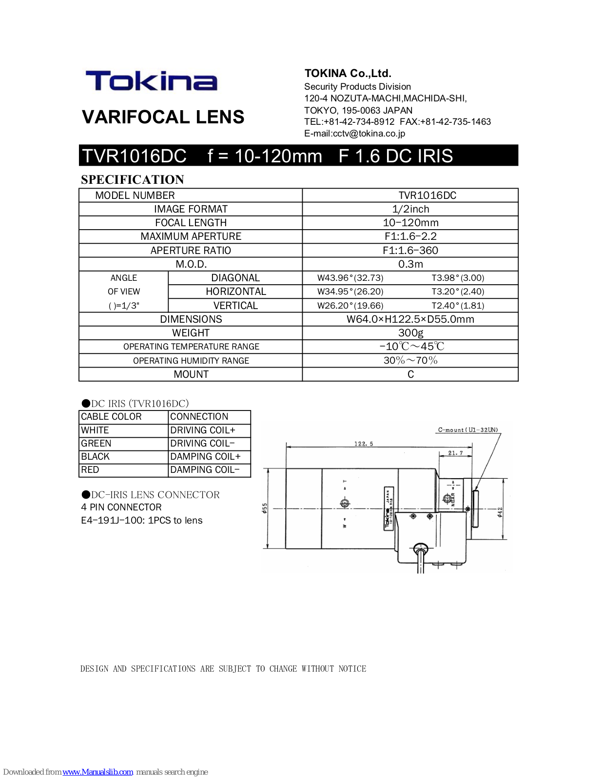 Tokina VARIFOCAL LENS TVR1016DC Specification