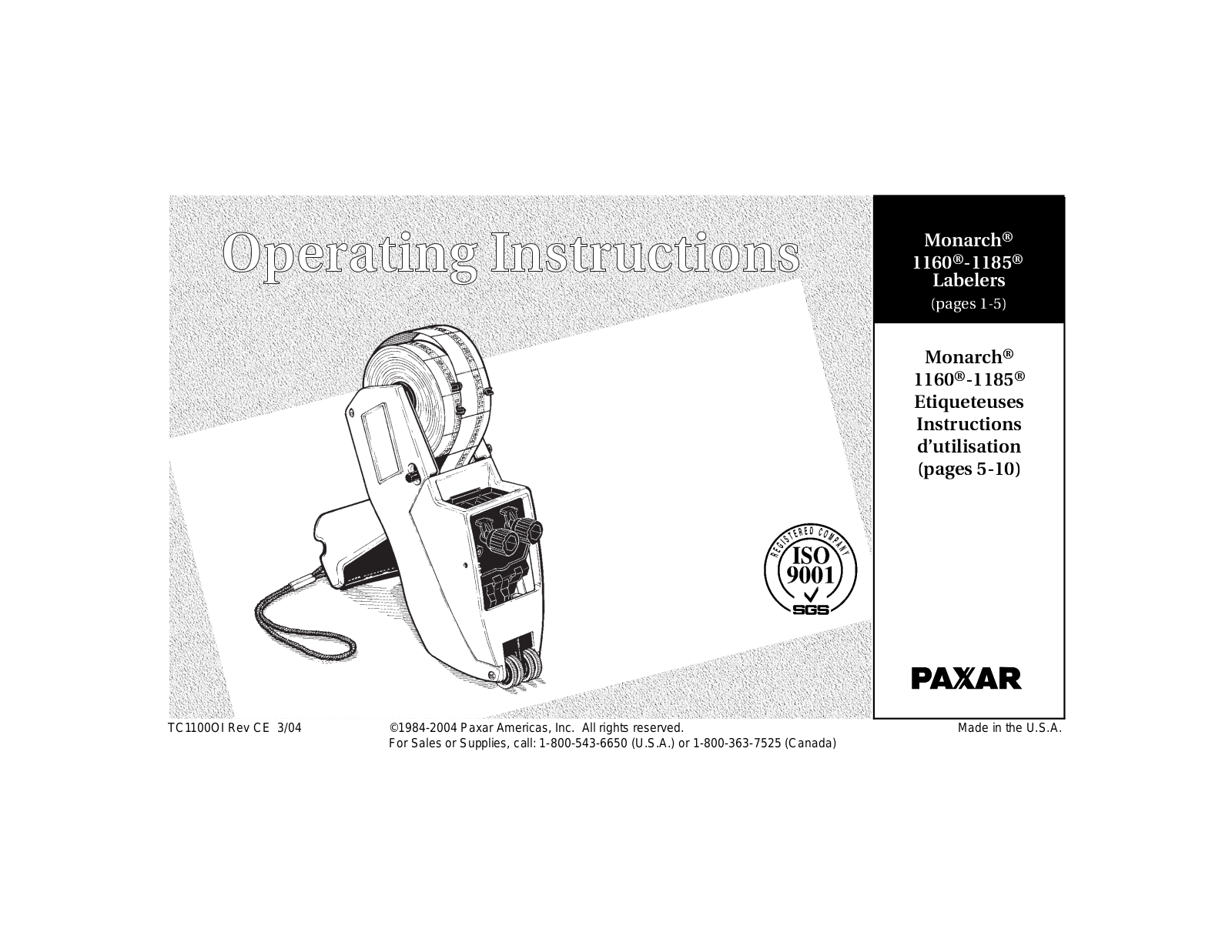 Paxar Monarch 1160, Monarch 1185 Operating Instructions Manual