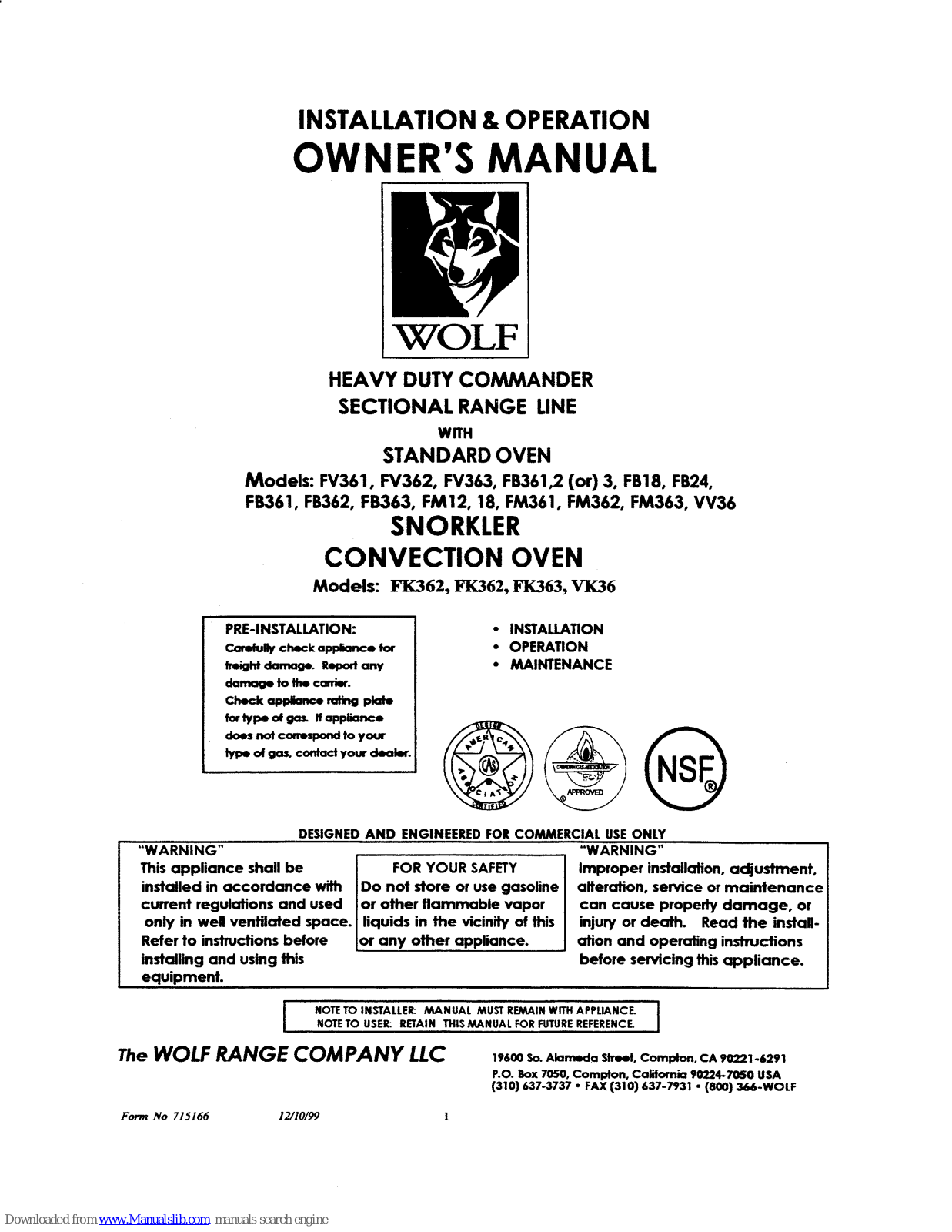 Wolf FV361, FV362, FV363, FB362, FB363 Installation & Operation Owner's Manual