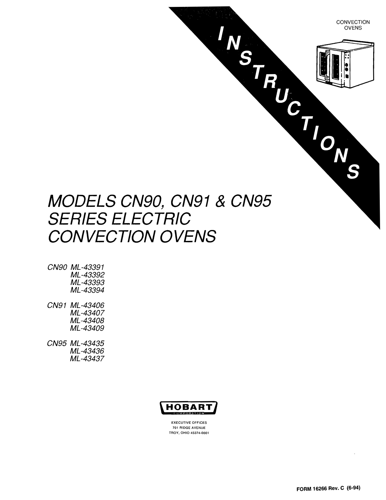 Hobart CN95 ML-43436, CN95 ML-43437, CN91 ML-43409, CN91 ML-43408, CN91 ML-43407 User Manual