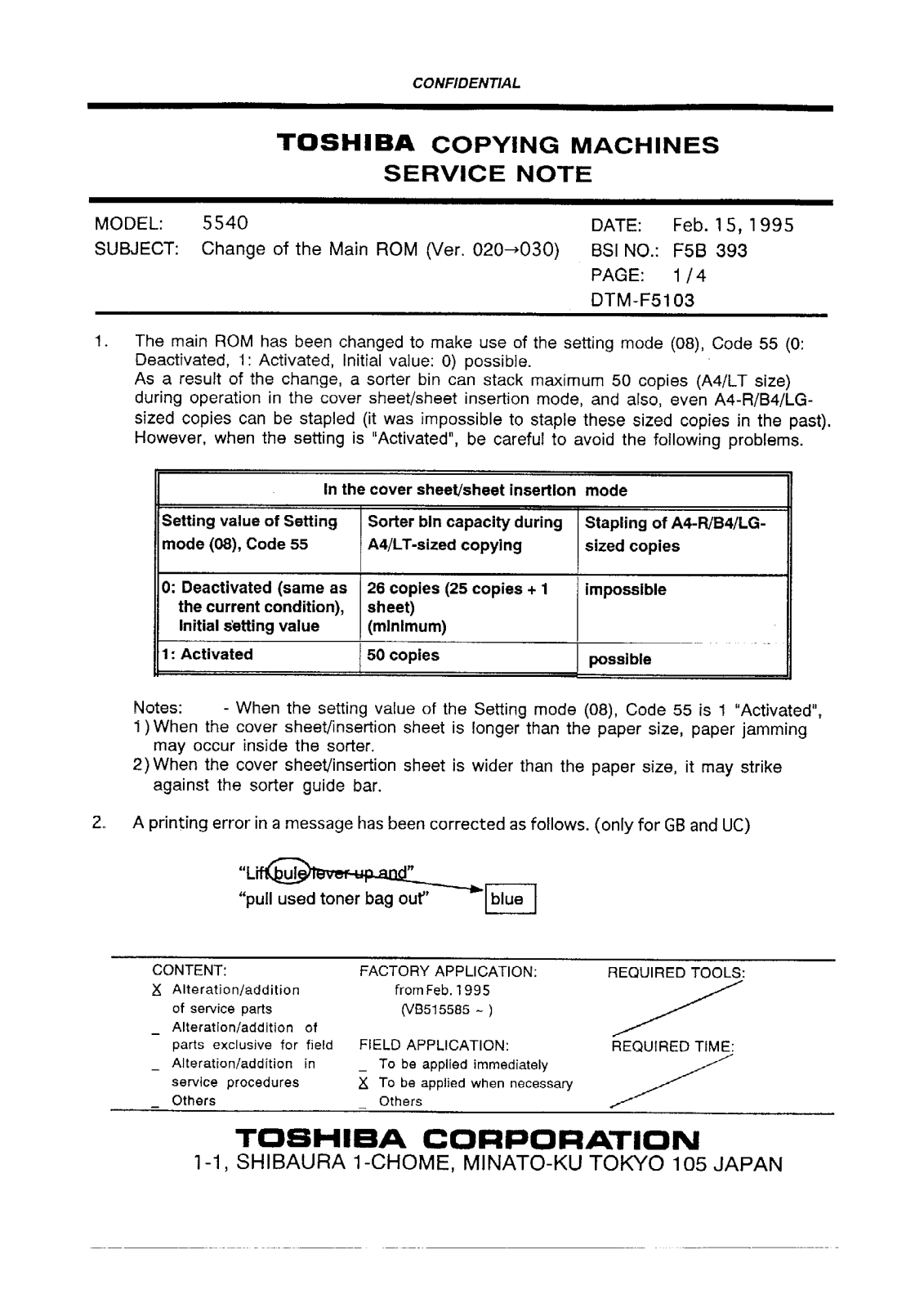 Toshiba f5b393 Service Note