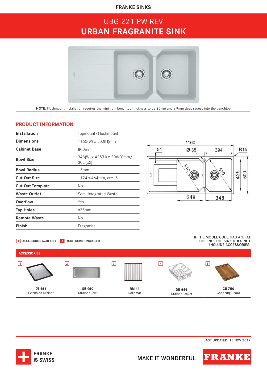 Franke UBG221PW Specifications Sheet - ManualMachine.com