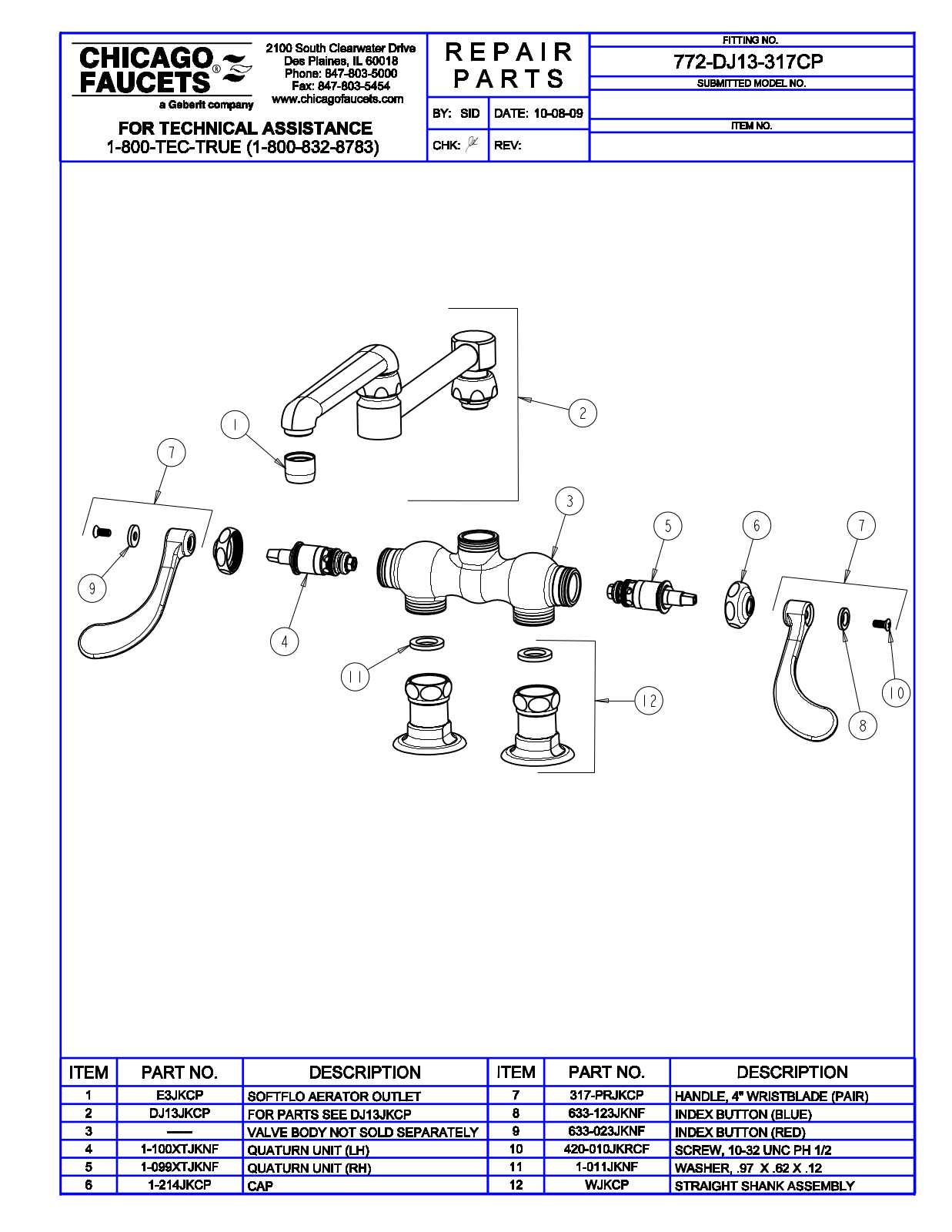 Chicago Faucet 772-DJ13-317CP Parts List