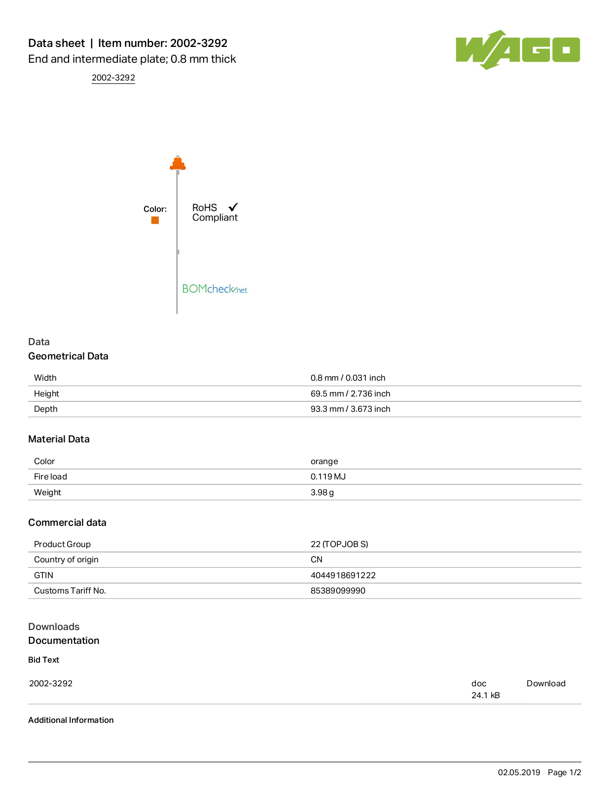 Wago 2002-3292 Data Sheet