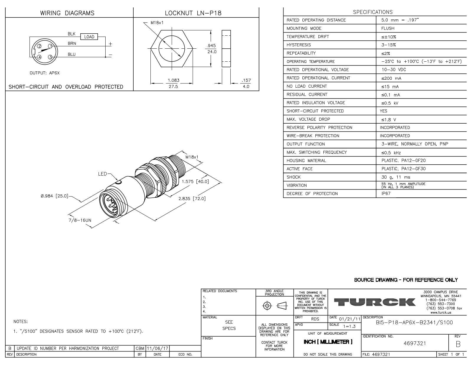 Turck BI5-P18-AP6X-B2341/S100 Data Sheet