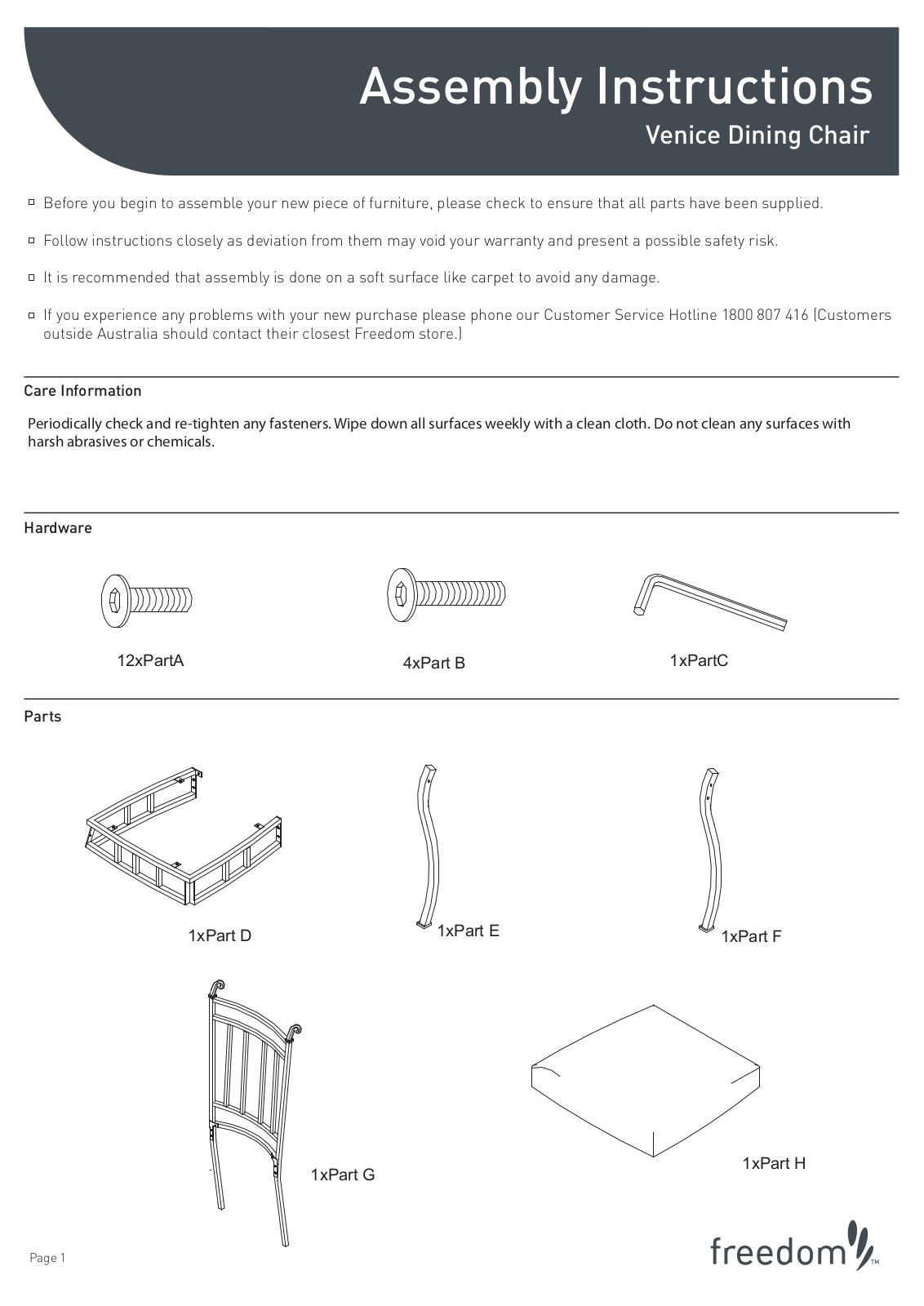 Freedom Venice Dining Chair Assembly Instruction