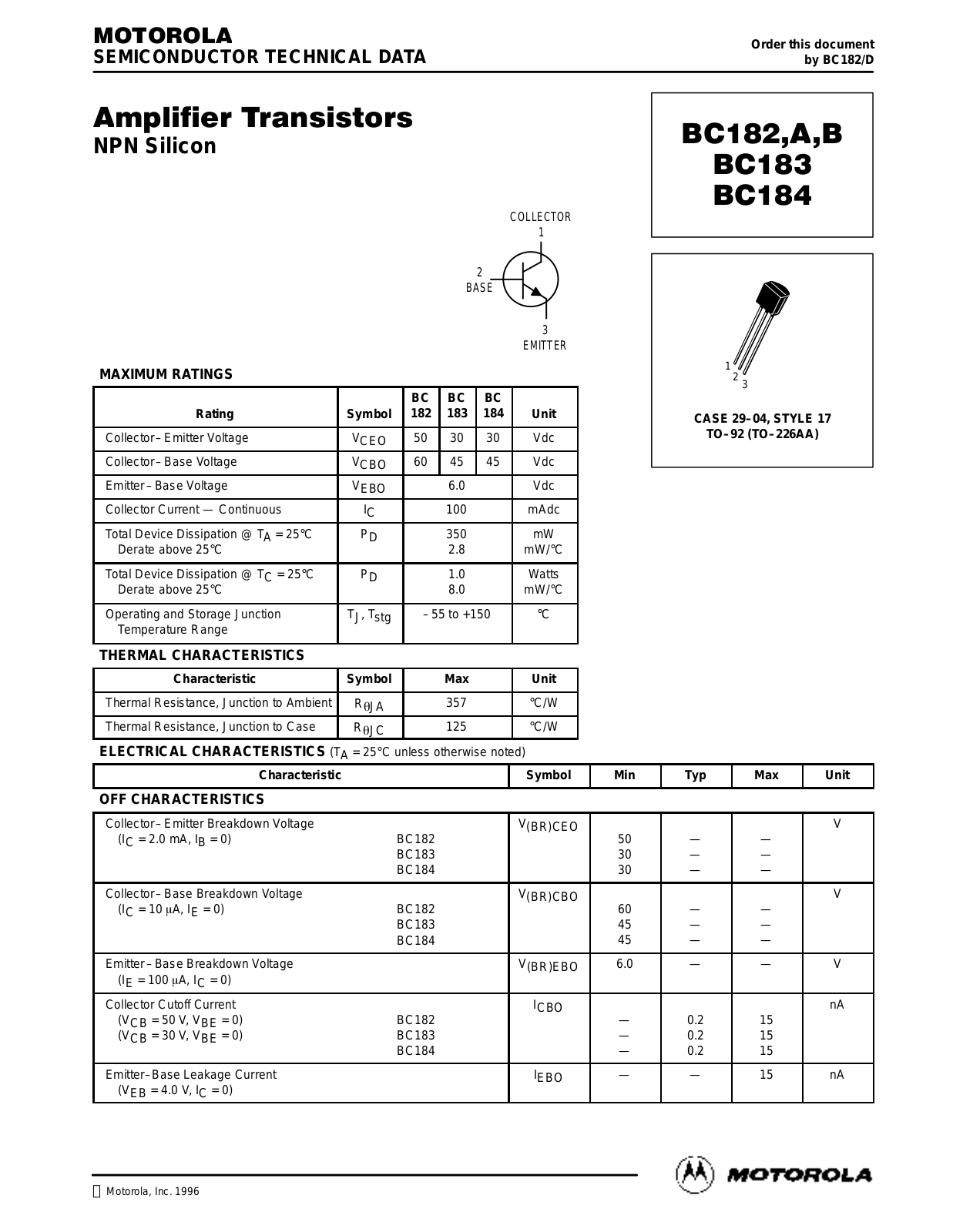 Motorola BC182B, BC182A, BC182, BC184, BC183 Datasheet