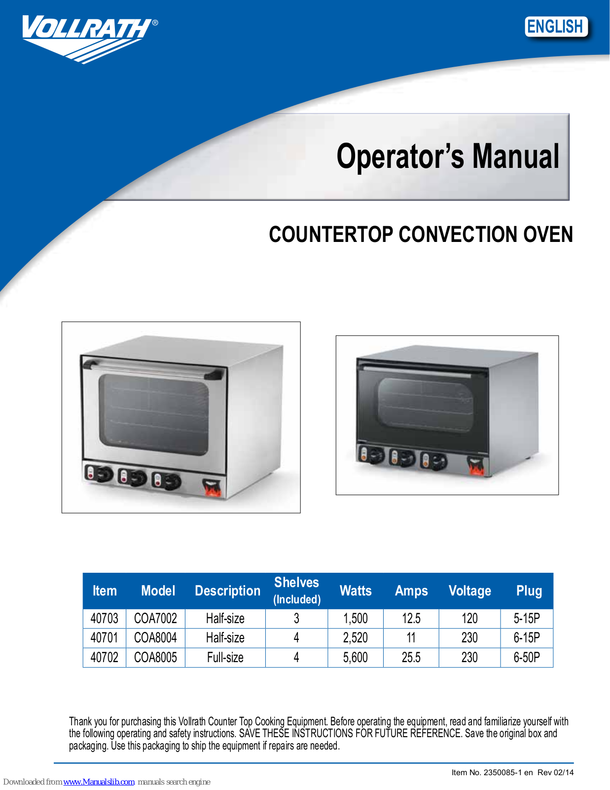 Vollrath COA8004, COA8005 Operator's Manual