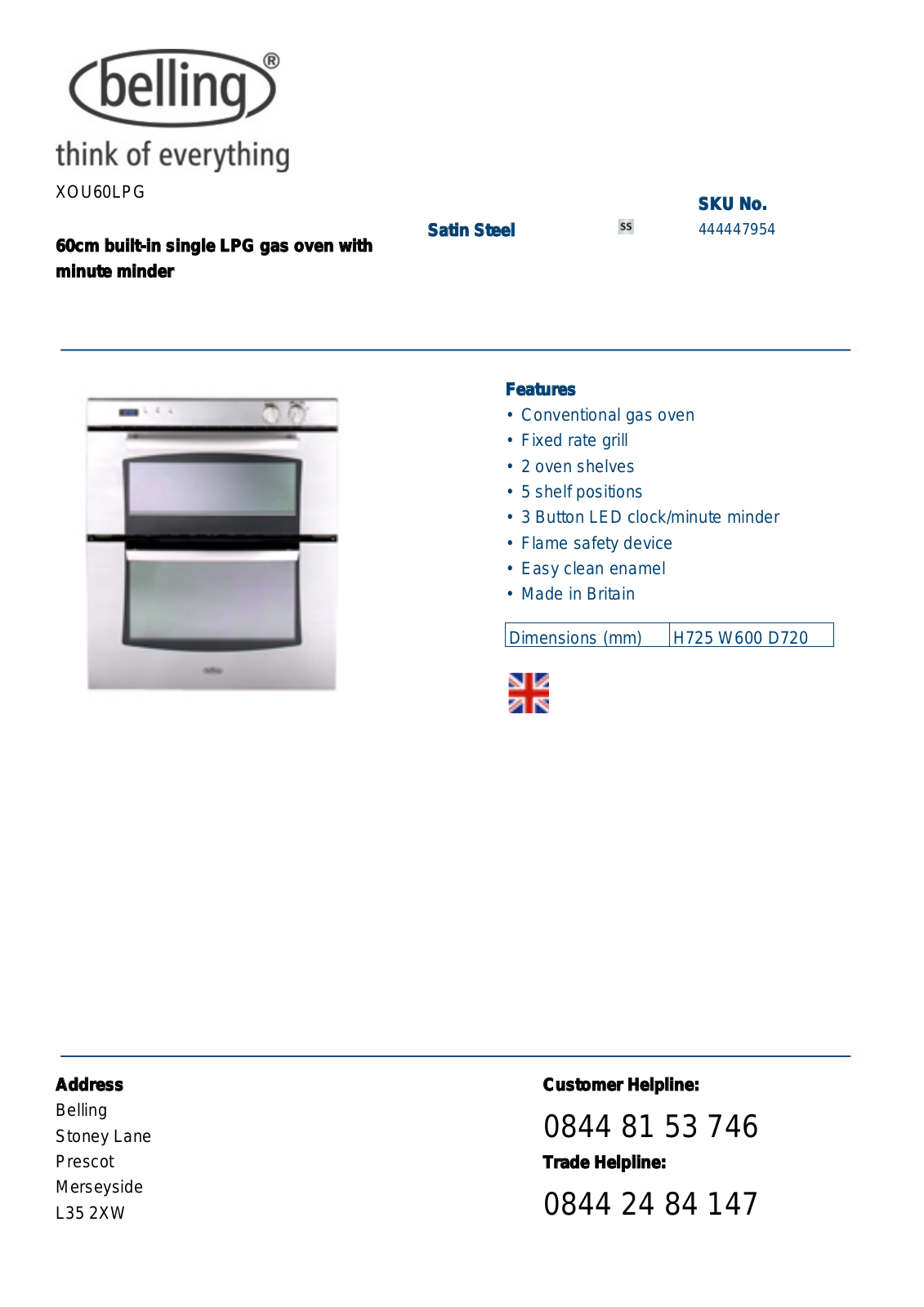 Belling XOU60LPG DATASHEET