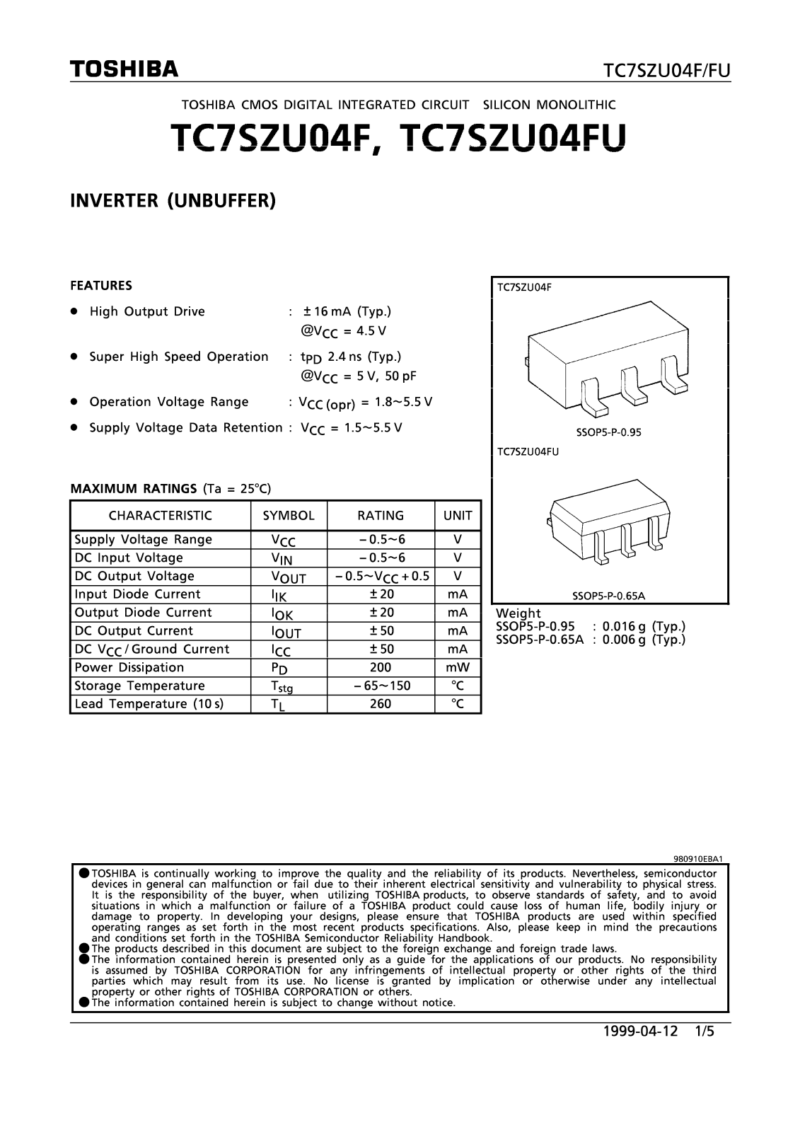 Toshiba TC7SZU04F Datasheet