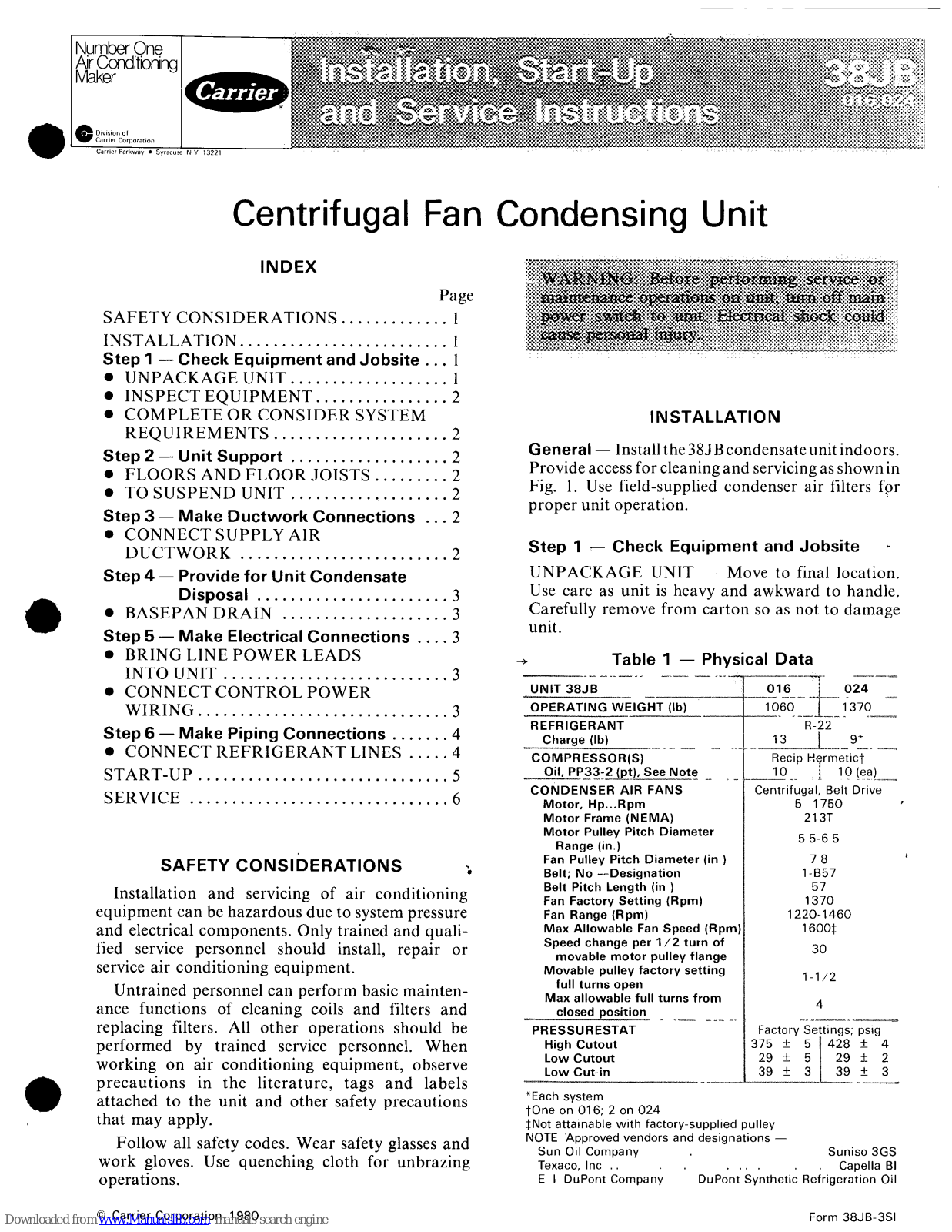 Carrier 38JB016, 38JB024 Installation And Service Instructions Manual